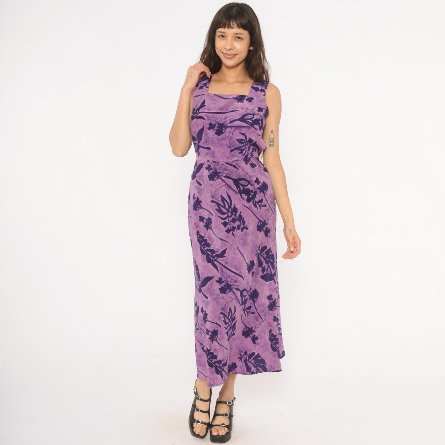90s Jaclyn Smith Purple Floral Maxi Dress Square Neck Sleeveless Small S