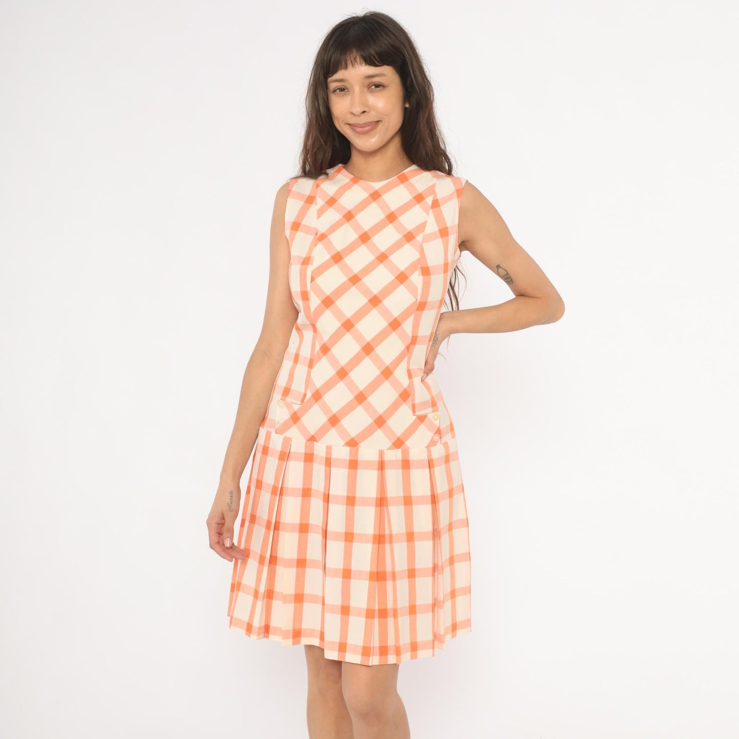 60s Orange Cream Gingham Drop Waist Dress Pleated Sleeveless Shift Small