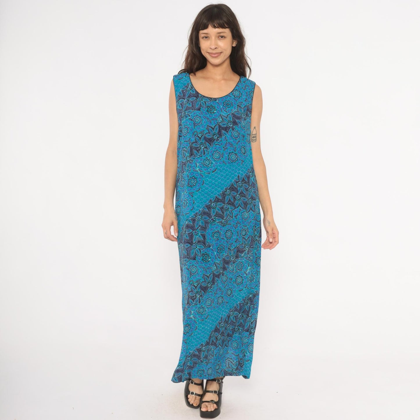 90s Sarah Elizabeth Batik Floral Maxi Dress Teal Navy Scoop Neck Tank Extra Large XL