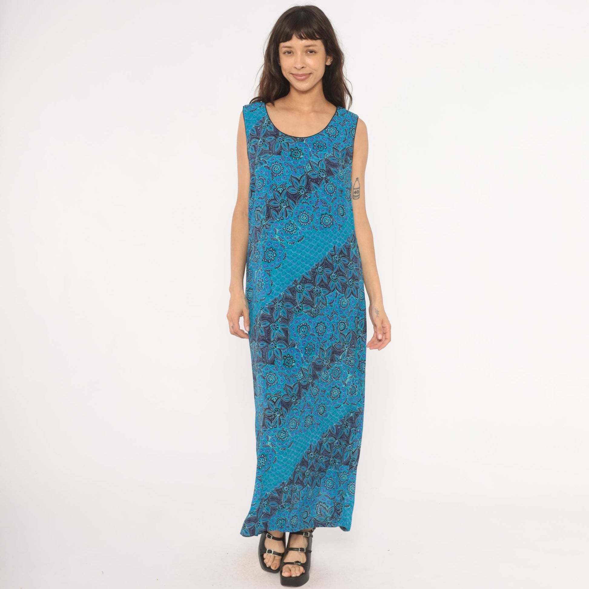 90s Sarah Elizabeth Batik Floral Maxi Dress Teal Navy Scoop Neck Tank Extra Large XL