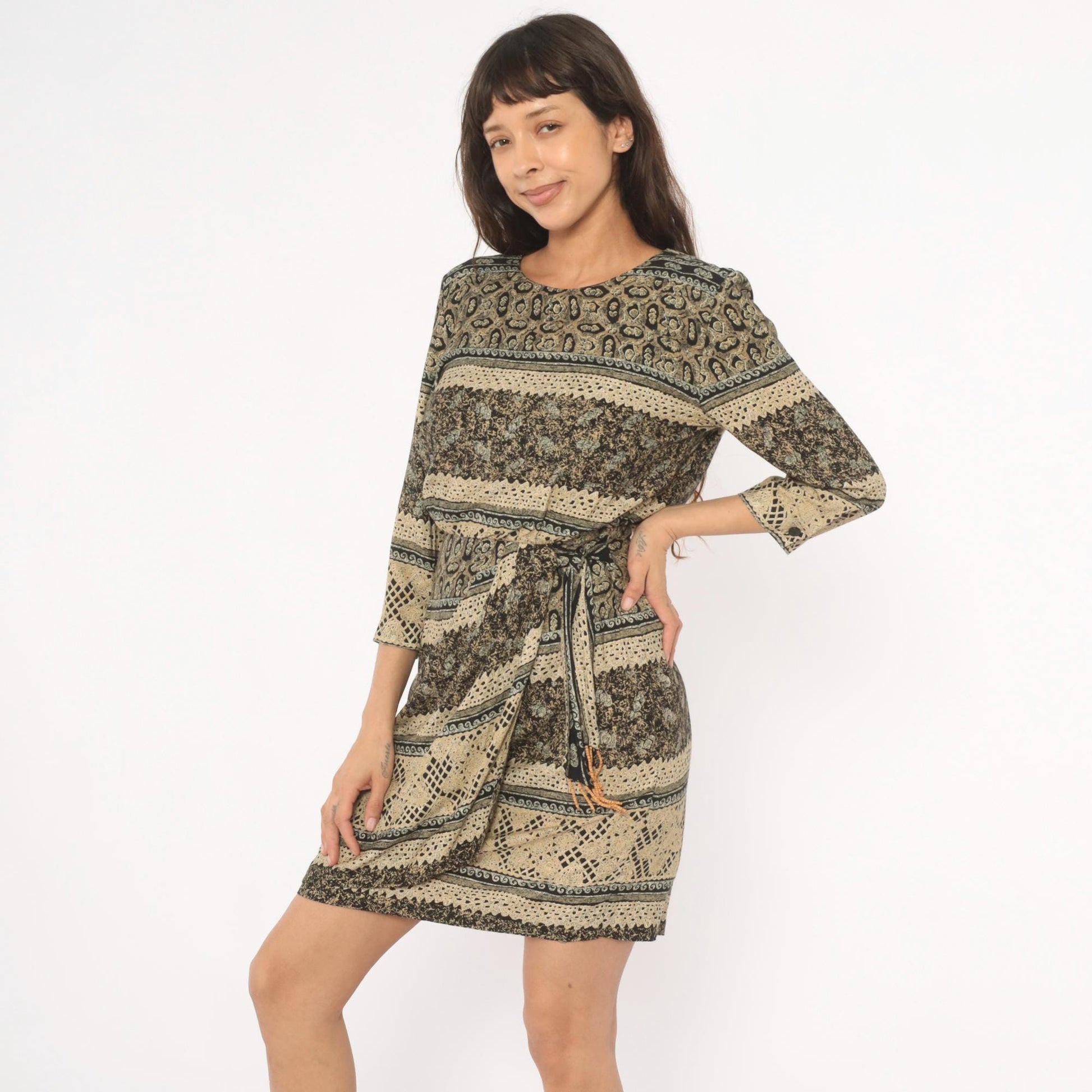 90s RJ Stevens Mini Dress Paisley Floral Stripe Black Tan Olive Medium M