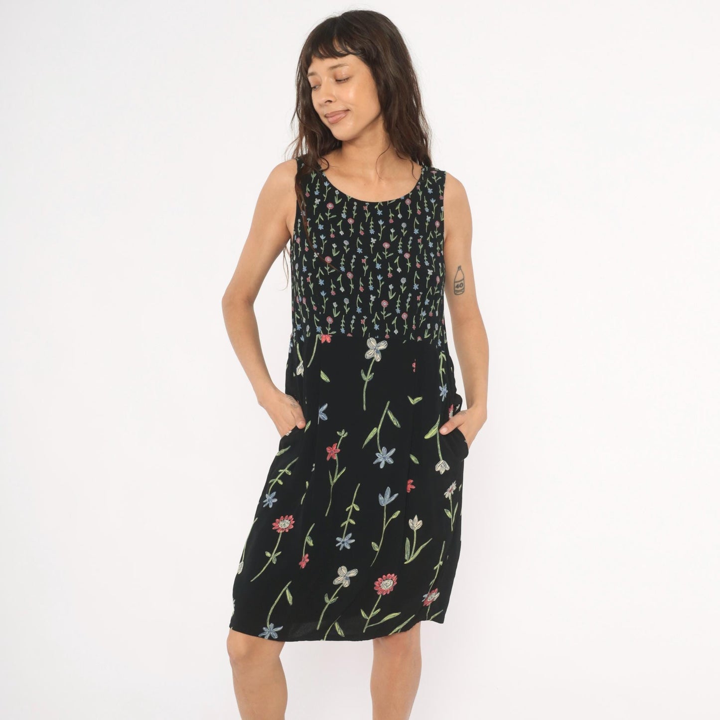 90s Putumayo Black Floral Sundress Knee Length Wildflower Embroidered Medium M