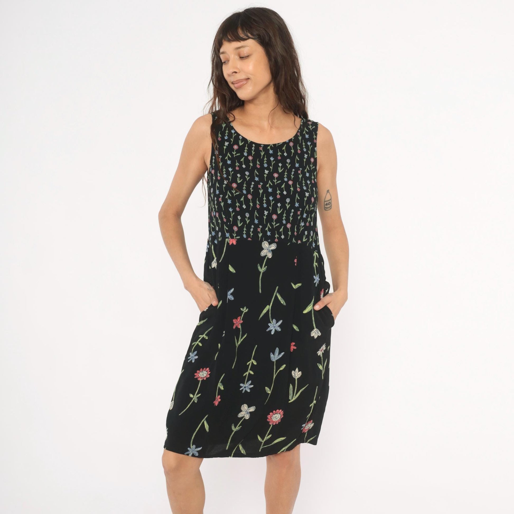 90s Putumayo Black Floral Sundress Knee Length Wildflower Embroidered Medium M