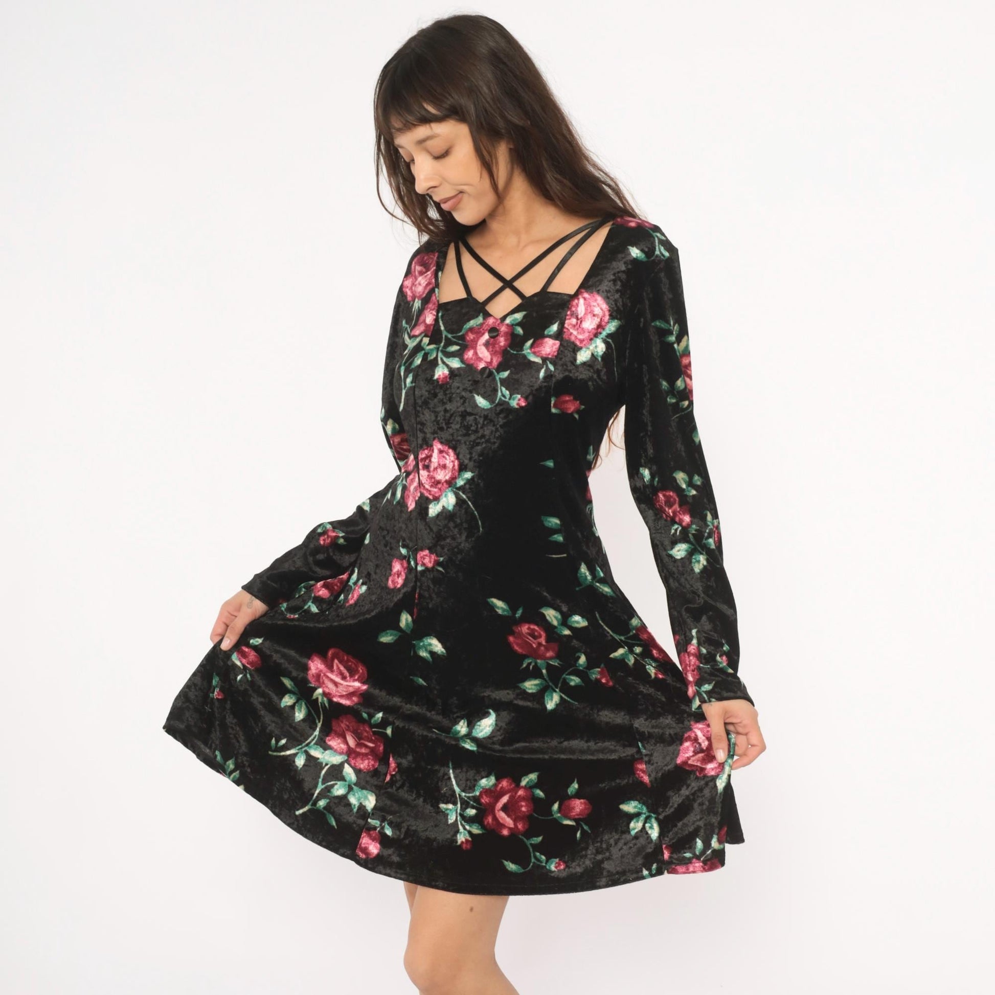 90s Jamie Brooke Velvet Mini Dress Black Rose Floral Square Neckline Large L
