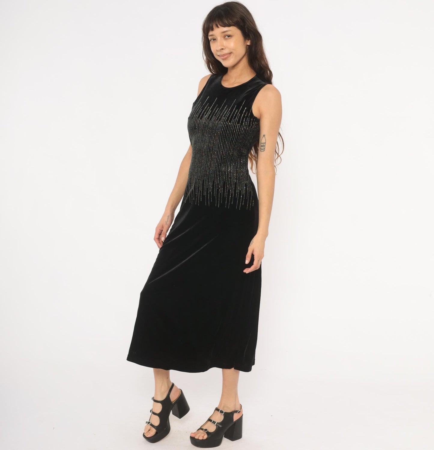 90s Ronni Nicole Black Velvet Midi Dress Silver Beaded Small S