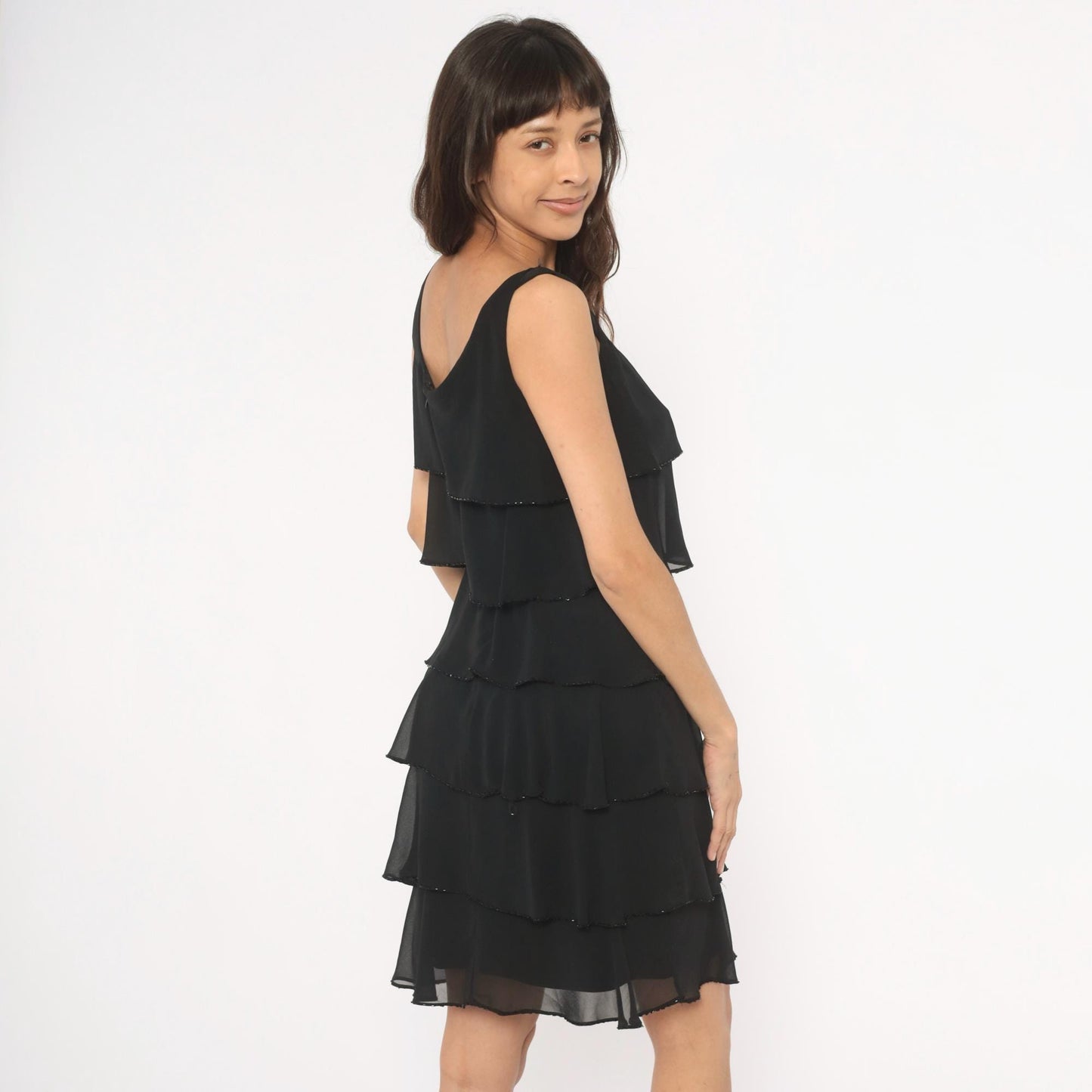 90s Patra Black Chiffon Tiered Ruffle Mini Dress Beaded Trim Medium M