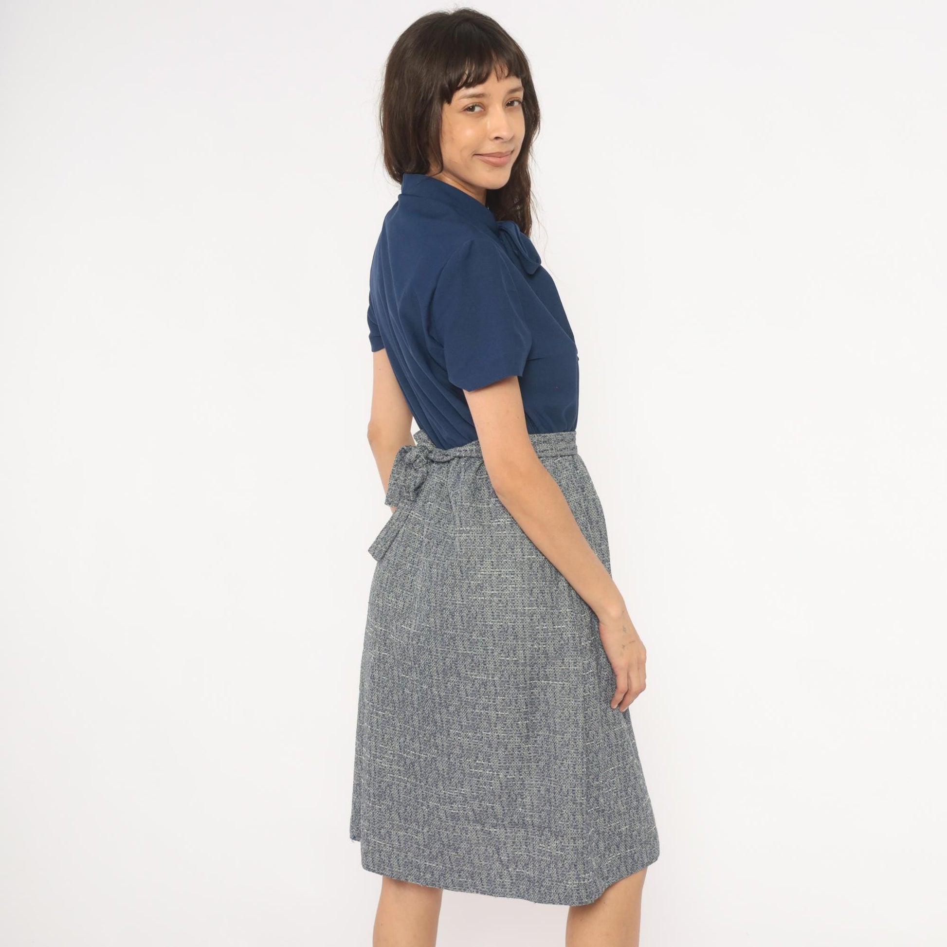 70s Sherri Lynn Navy Bow Tie Blouse Tweed A-Line Dress Knee Length Small