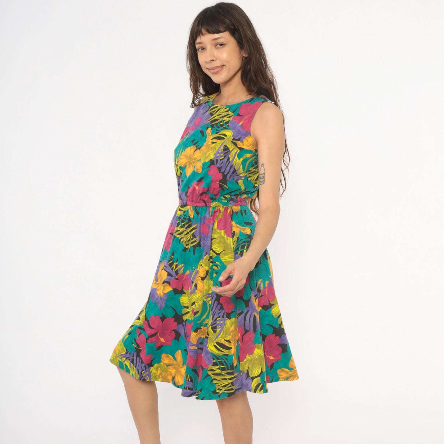 90s Ifi Tropical Floral Sundress Hibiscus Monstera Print Scoop Neck Medium M