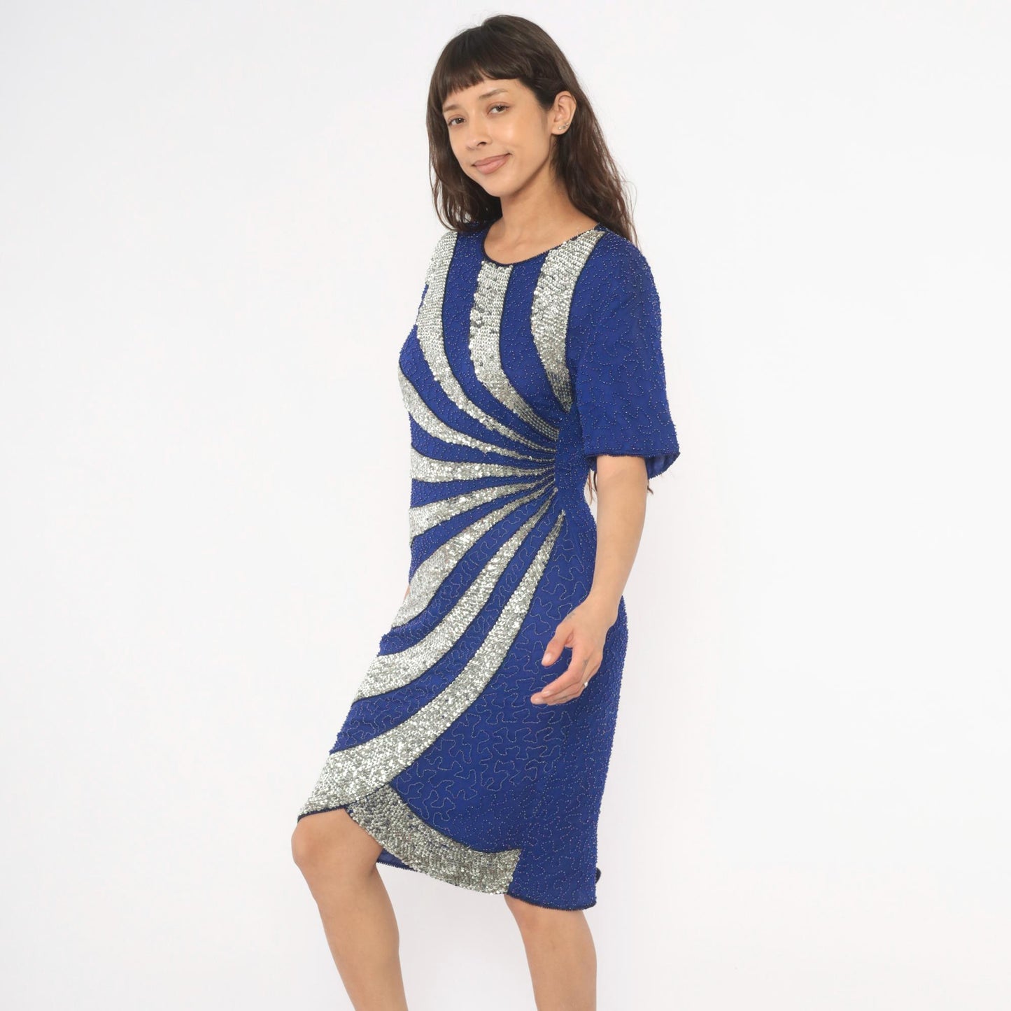 80s Stenay Cobalt Blue Silver Sequin Silk Cocktail Dress Keyhole Back Medium M
