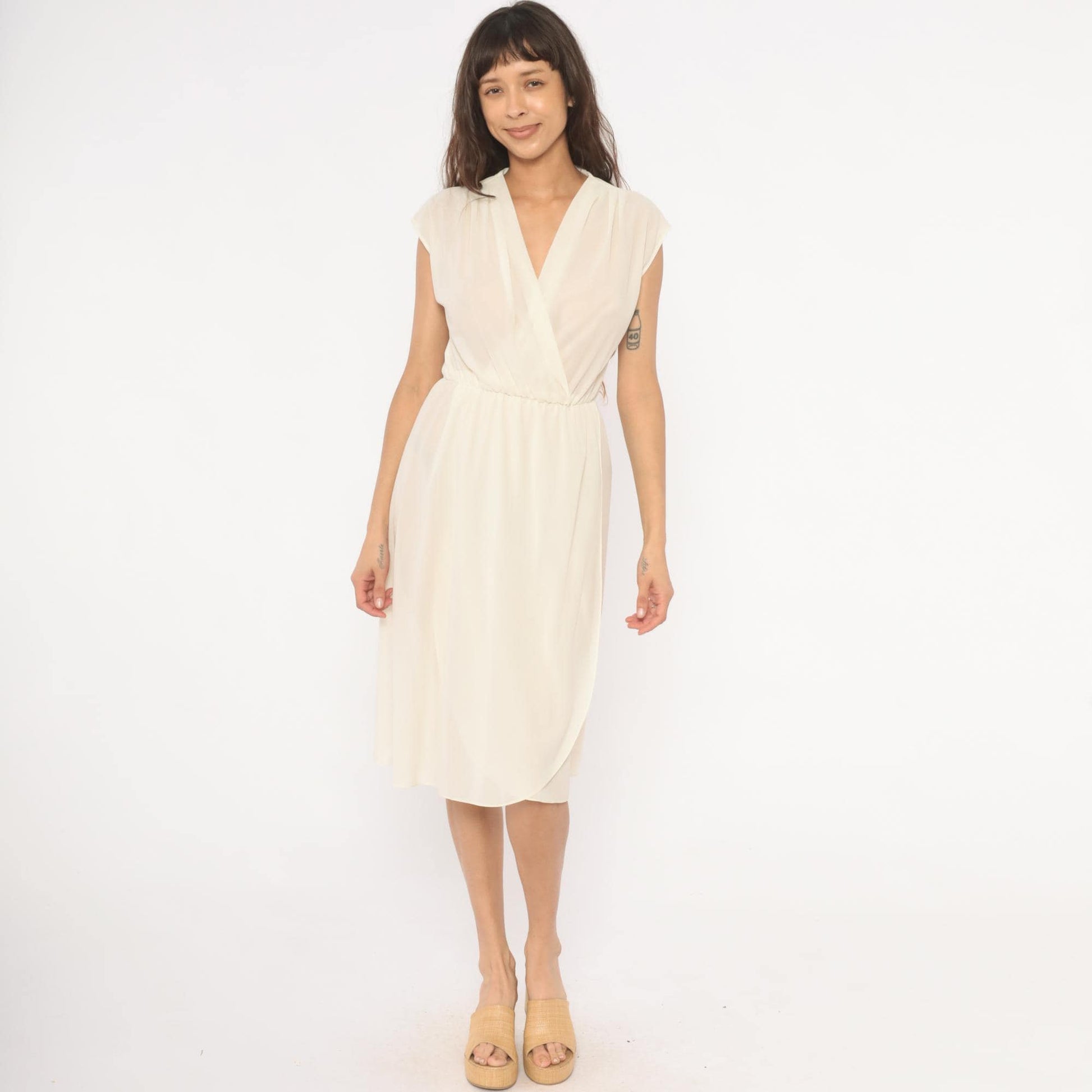 70s Oops Cream Wrap Dress V-Neck Cap Sleeve Midi Ivory Small S