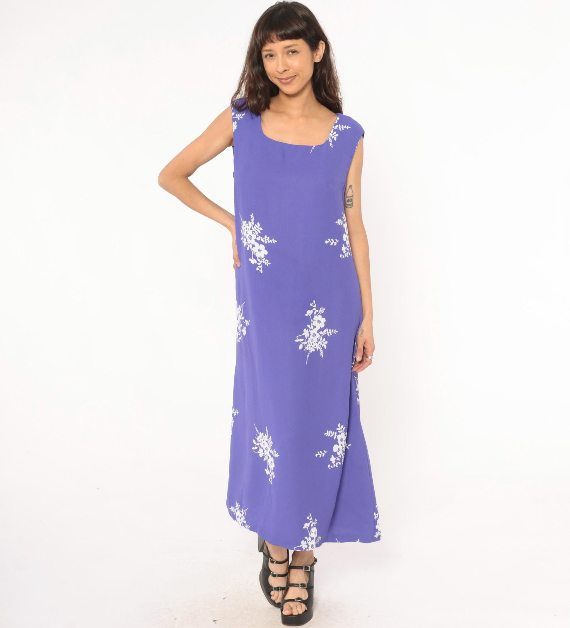 90s Periwinkle Floral Maxi Dress Sleeveless White Embroidered A-Line Extra Large XXL