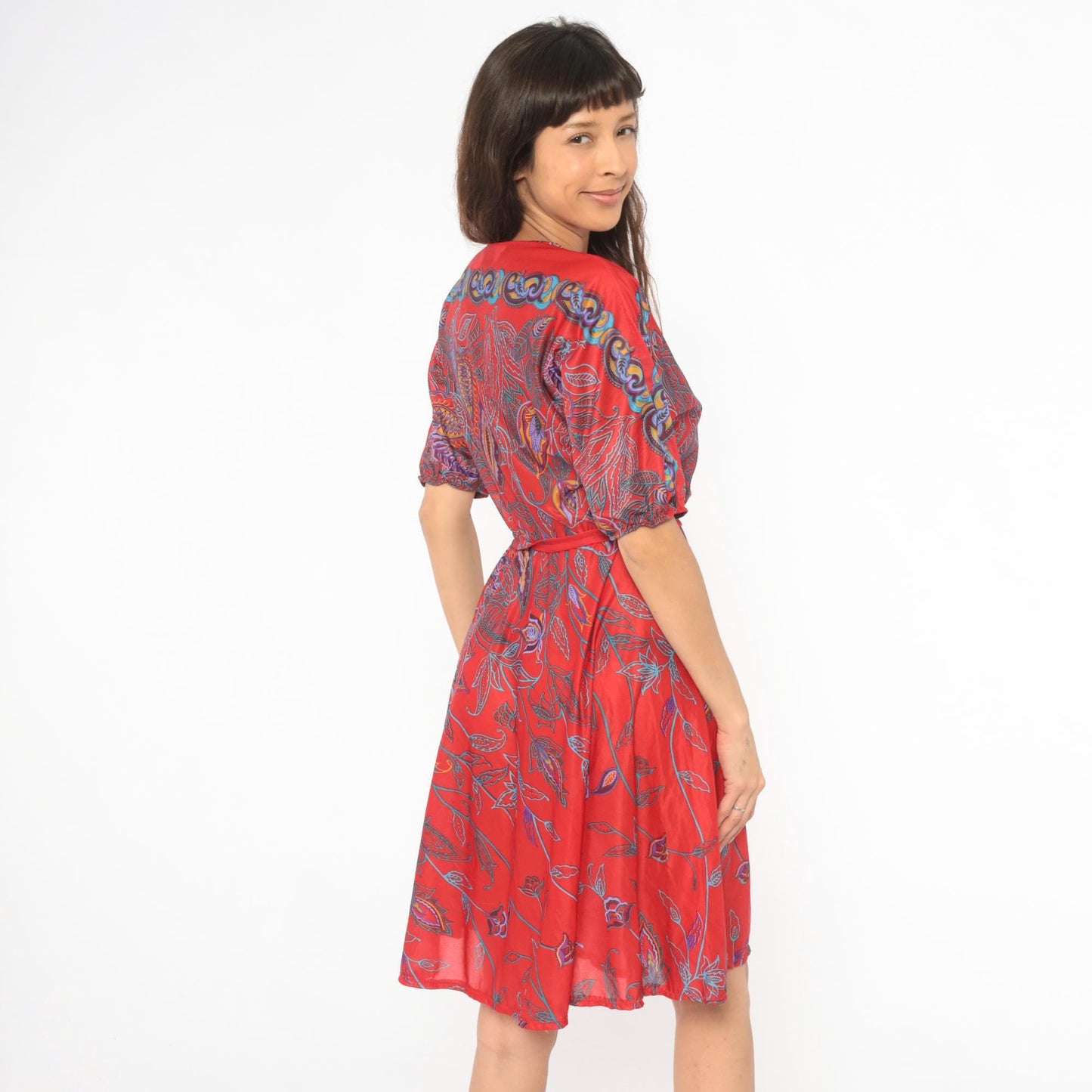 80s NPC Fashions Red Paisley Botanical Tie Neck Dress Knee Length Small Medium