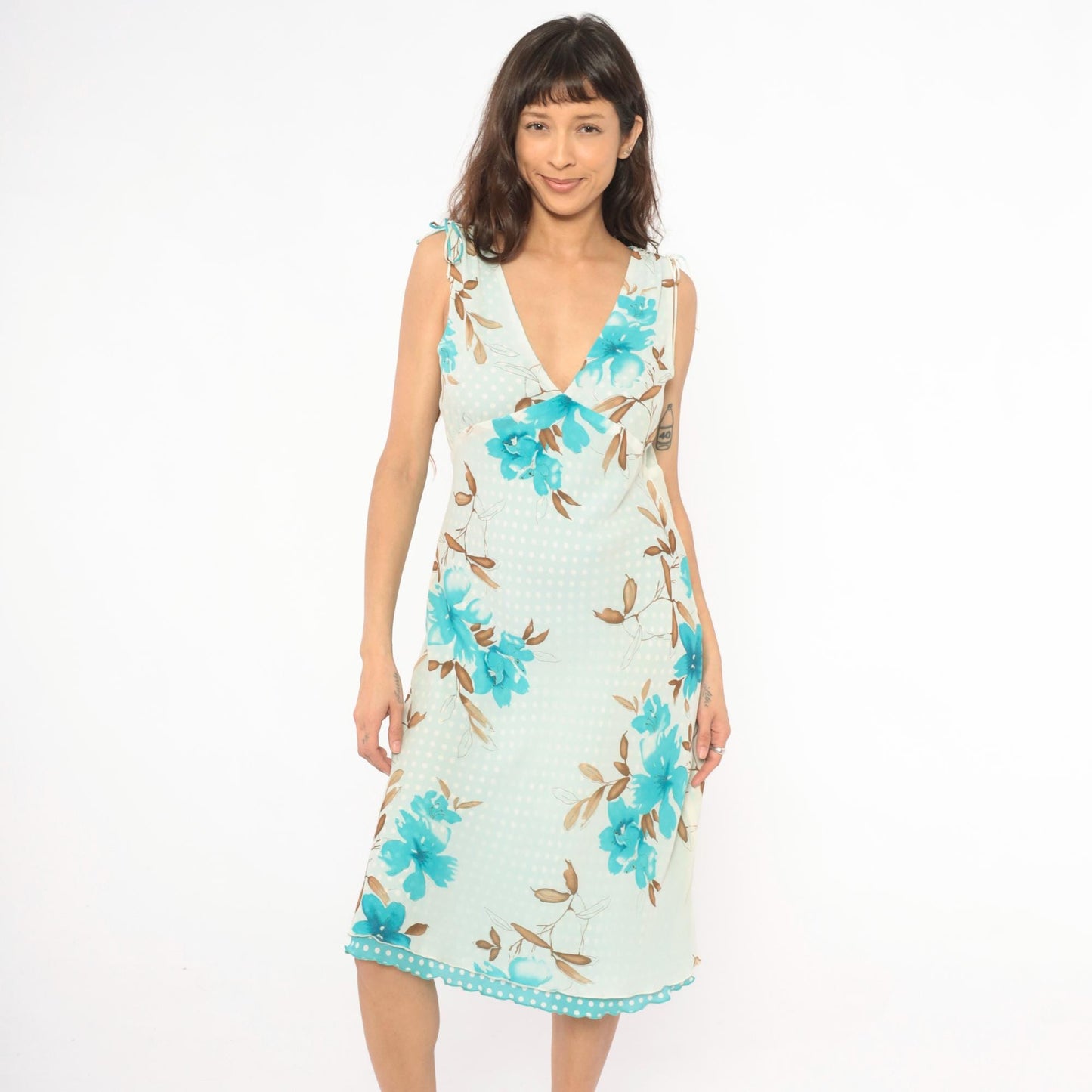 Y2K Reversible Floral Polka Dot Chiffon Dress Turquoise Cream V Neck Tie Shoulder Midi Medium M