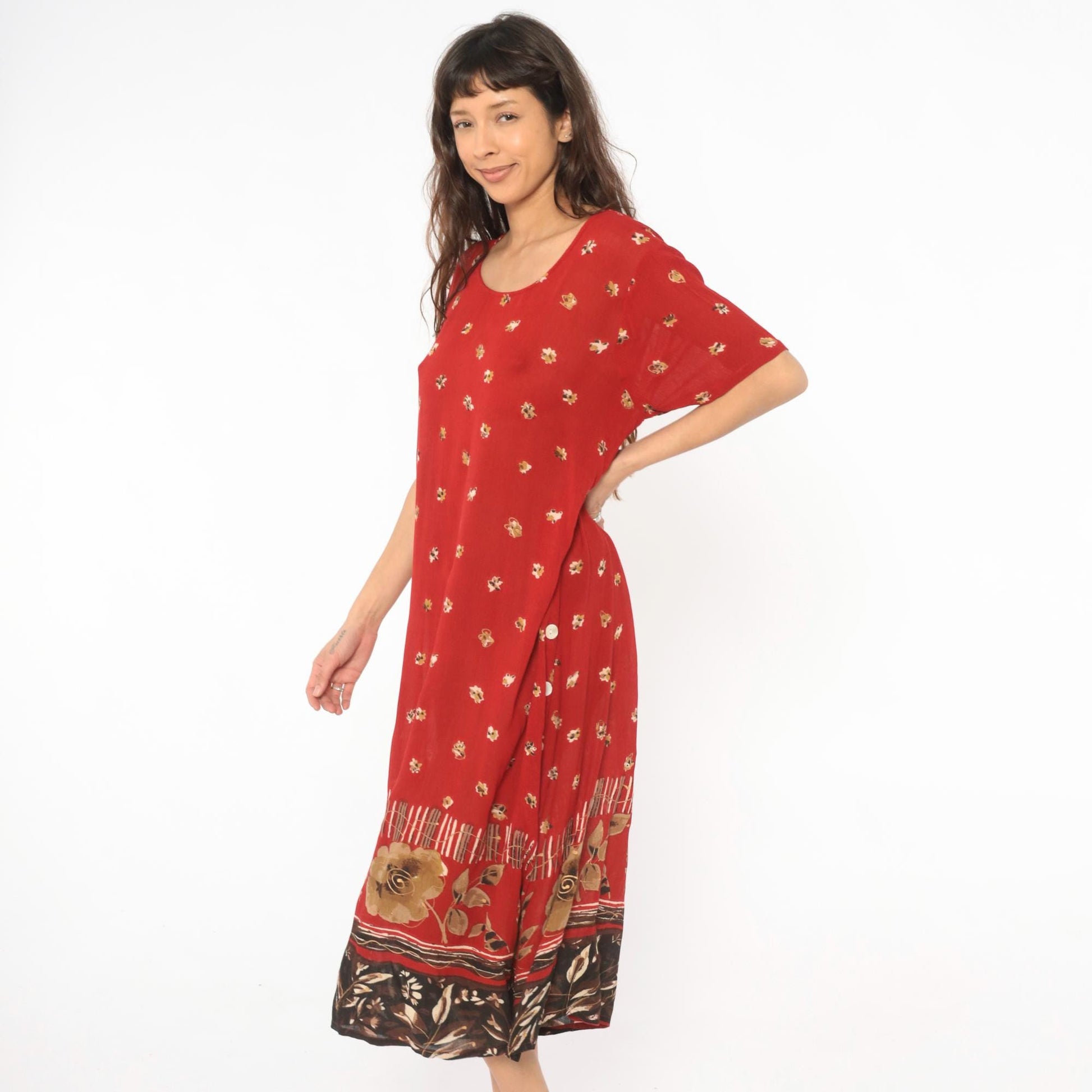 90s Red Floral Maxi Dress Gold Border Button Side Slit Large L