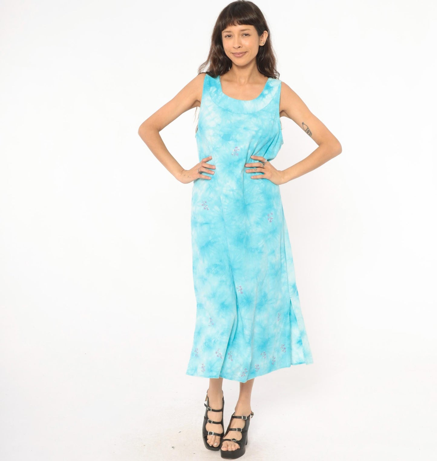 90s Basic Editions Tie Dye Maxi Dress Sky Blue Embroidered Floral Cotton Medium M
