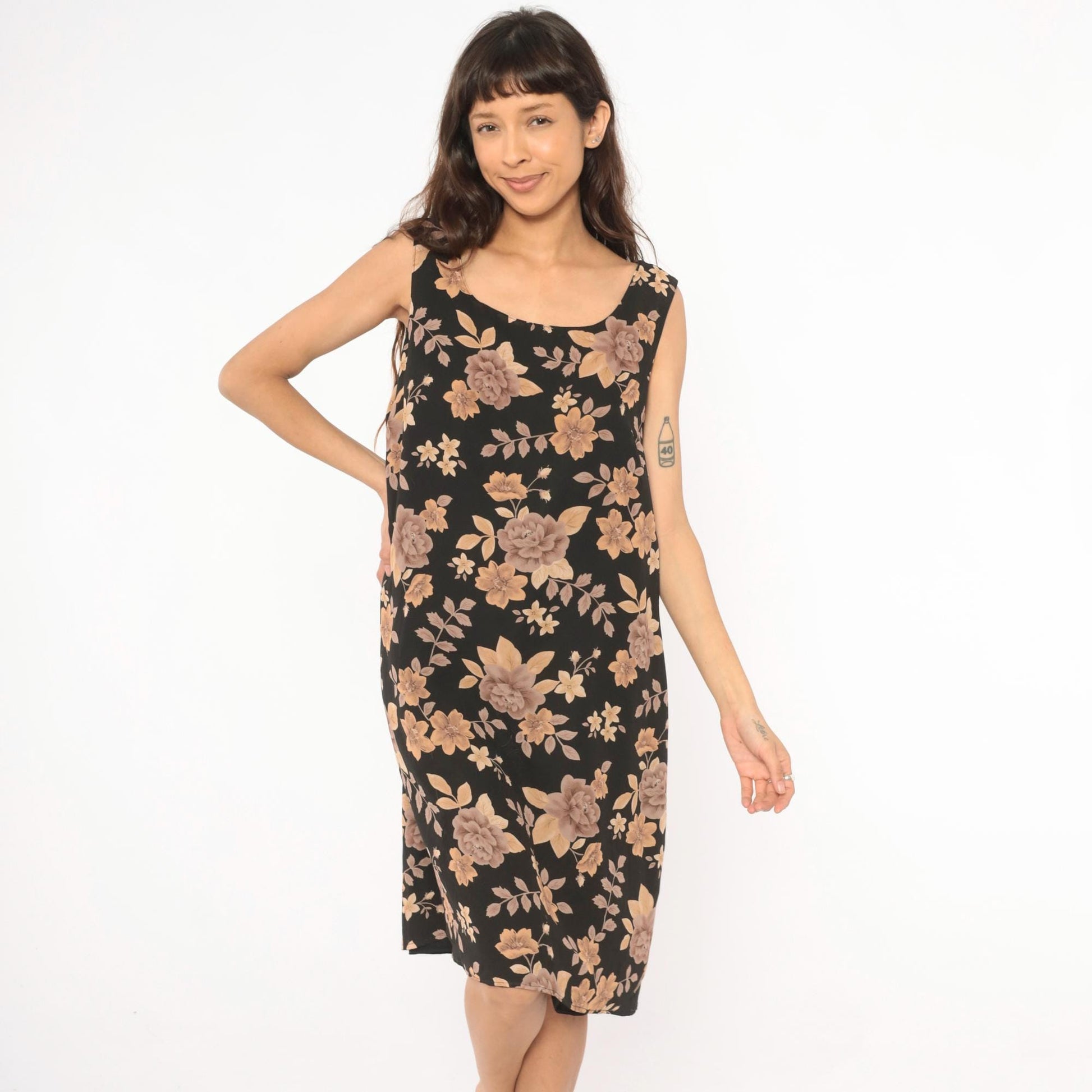 90s Laura Scott Floral Tank Dress Black Tan Rose Print Knee Length Extra Large XL