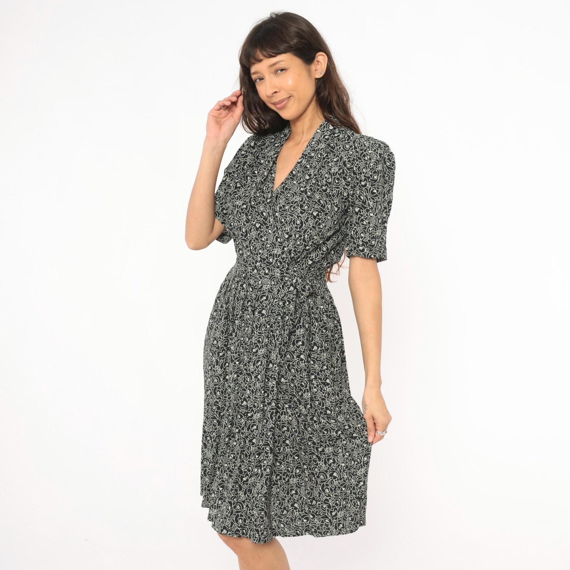 90s Karin Stevens Floral Wrap Dress Black Cream Puff Sleeve Small