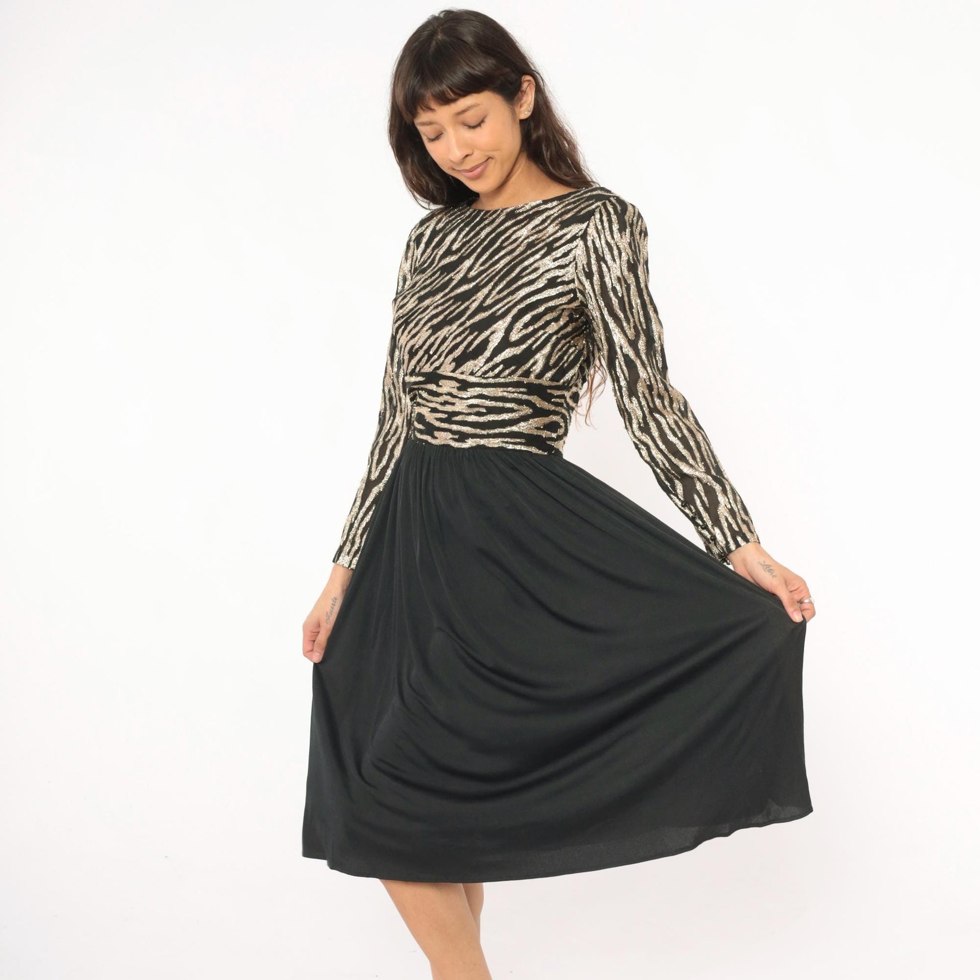 80s Ursula of Switzerland Gold Zebra Stripe Midi Dress Black Long Sleeve Medium M