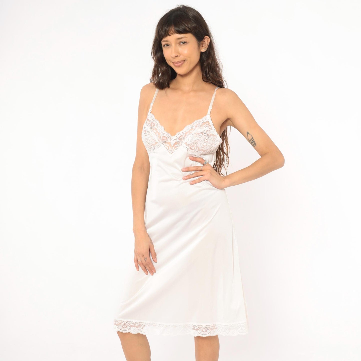 80s Vassarette White Nylon Slip Dress Scalloped Lace Spaghetti Strap Large L