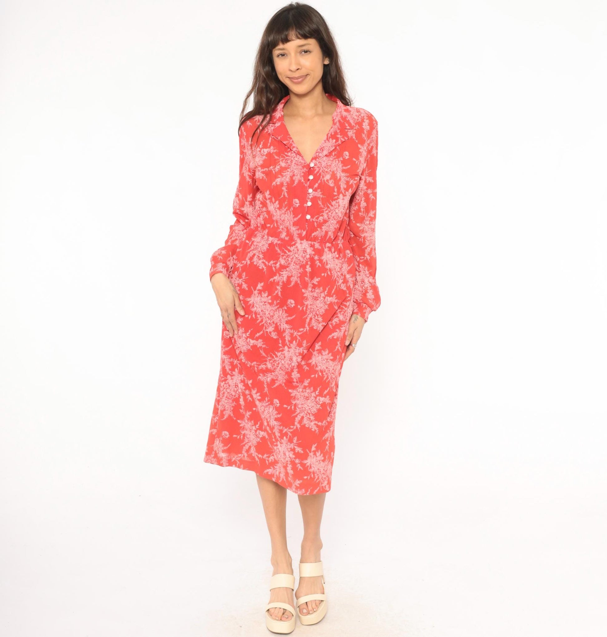70s H Coral Floral Shirtdress Button Front Bishop Sleeves Midi Medium M