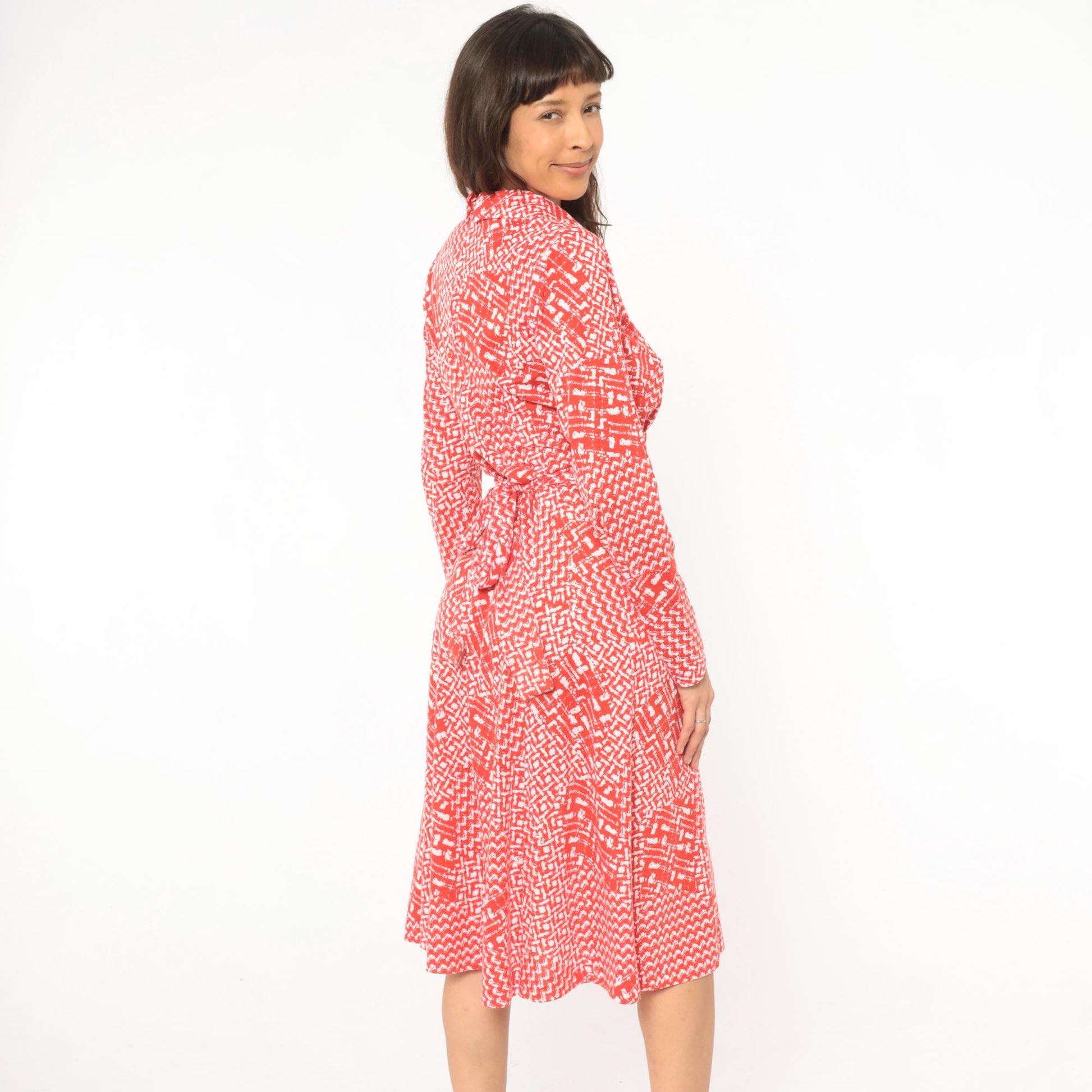 80s Tall Shop Red White Geometric Wrap Dress Knee Length Large L
