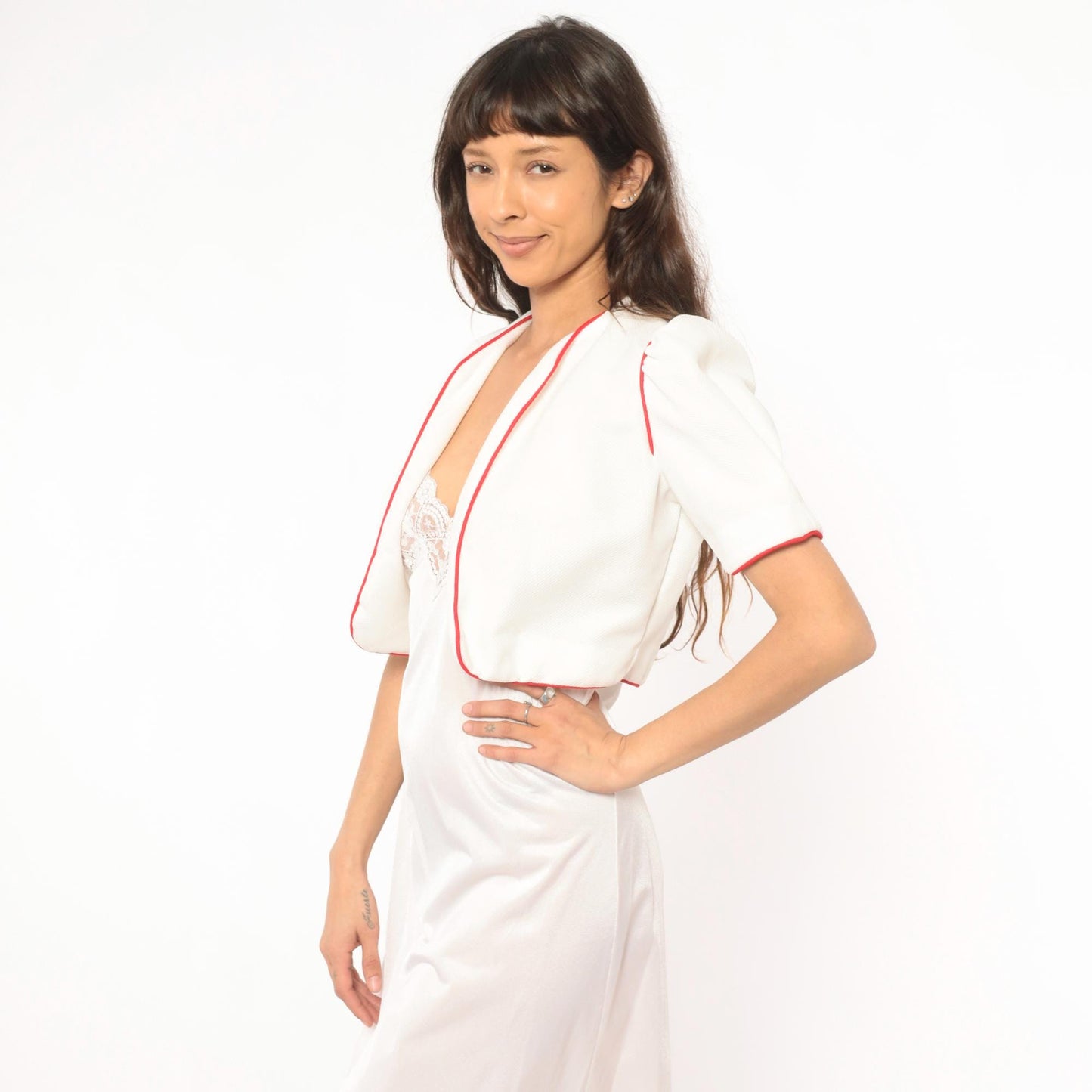 70s Nancy Stevens White Bolero Jacket Red Piping Puff Sleeve Cropped Extra Small
