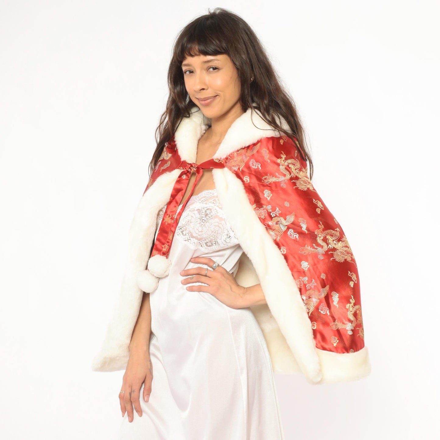 80s Reversible Faux Fur Cape Red Dragon Phoenix Brocade Hooded Cloak Extra Extra Small