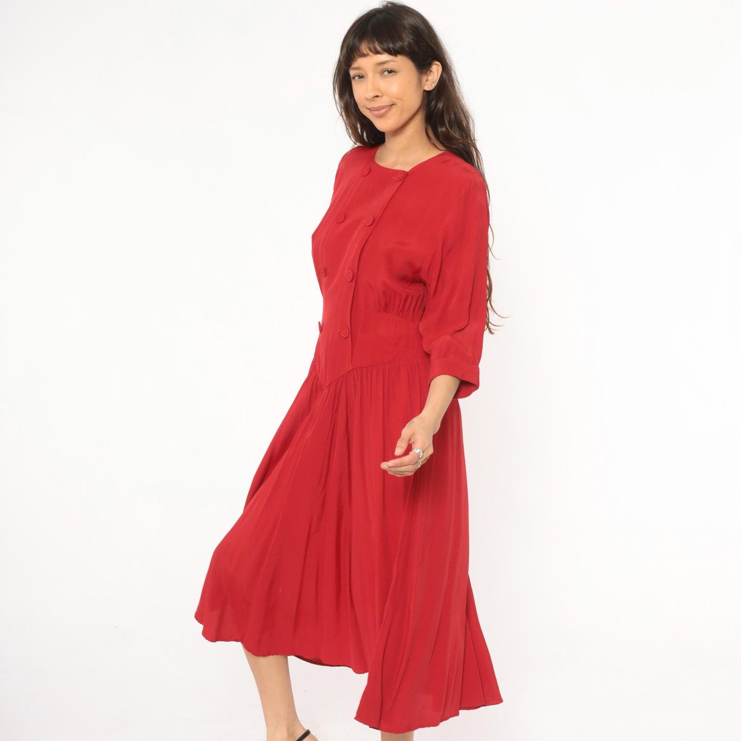 80s Piccolino Petites Crimson Double Breasted Midi Dress Round Neck Small Medium