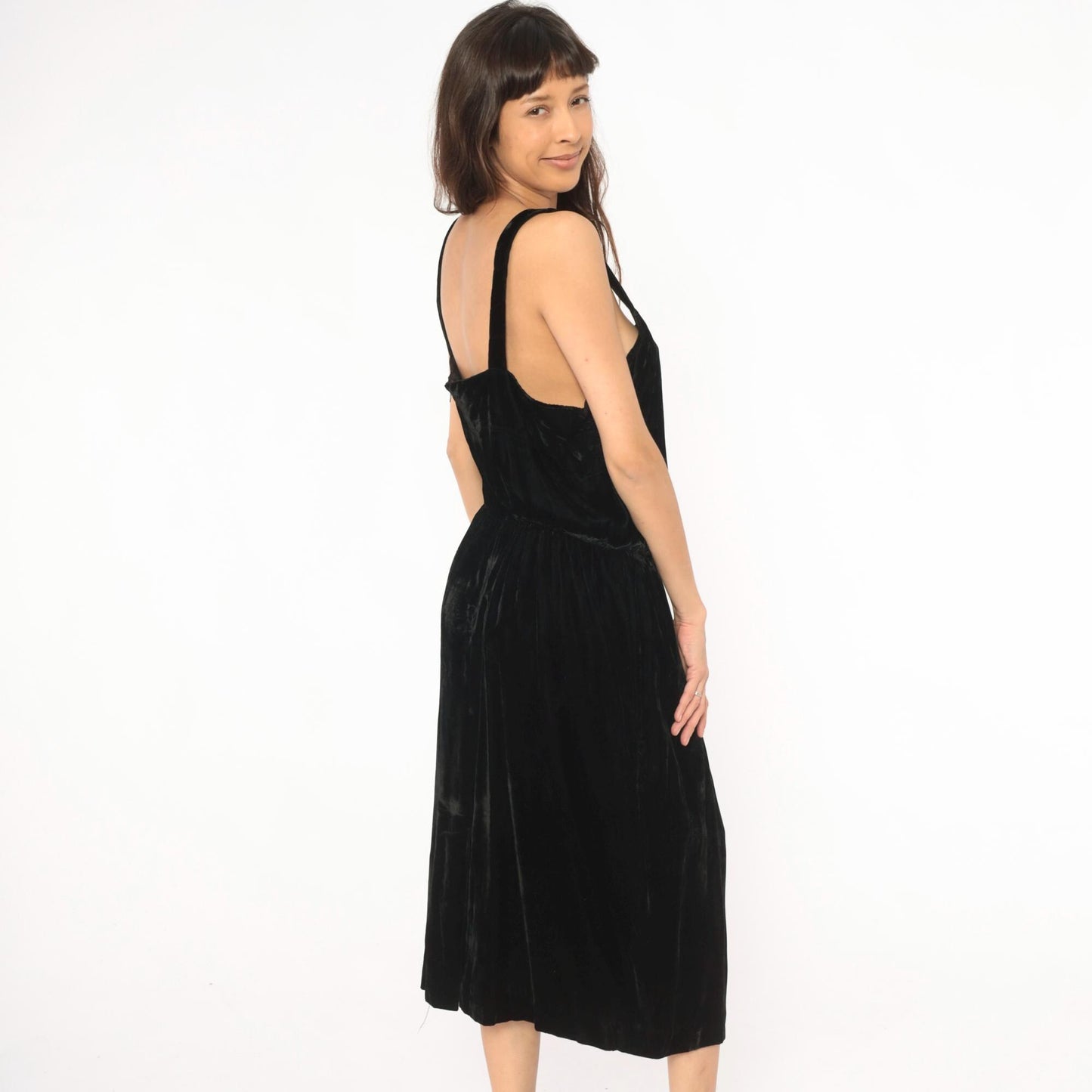 80s Black Velvet Sleeveless Dress Gathered Waist Scoop Neck Midi Large L