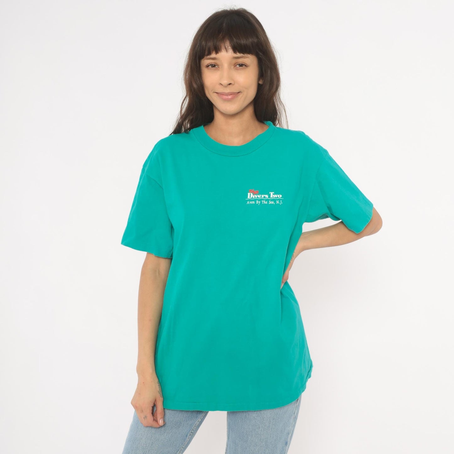 90s Divers Two Scuba Graphic T-Shirt Teal New Jersey Cotton Extra Large XL