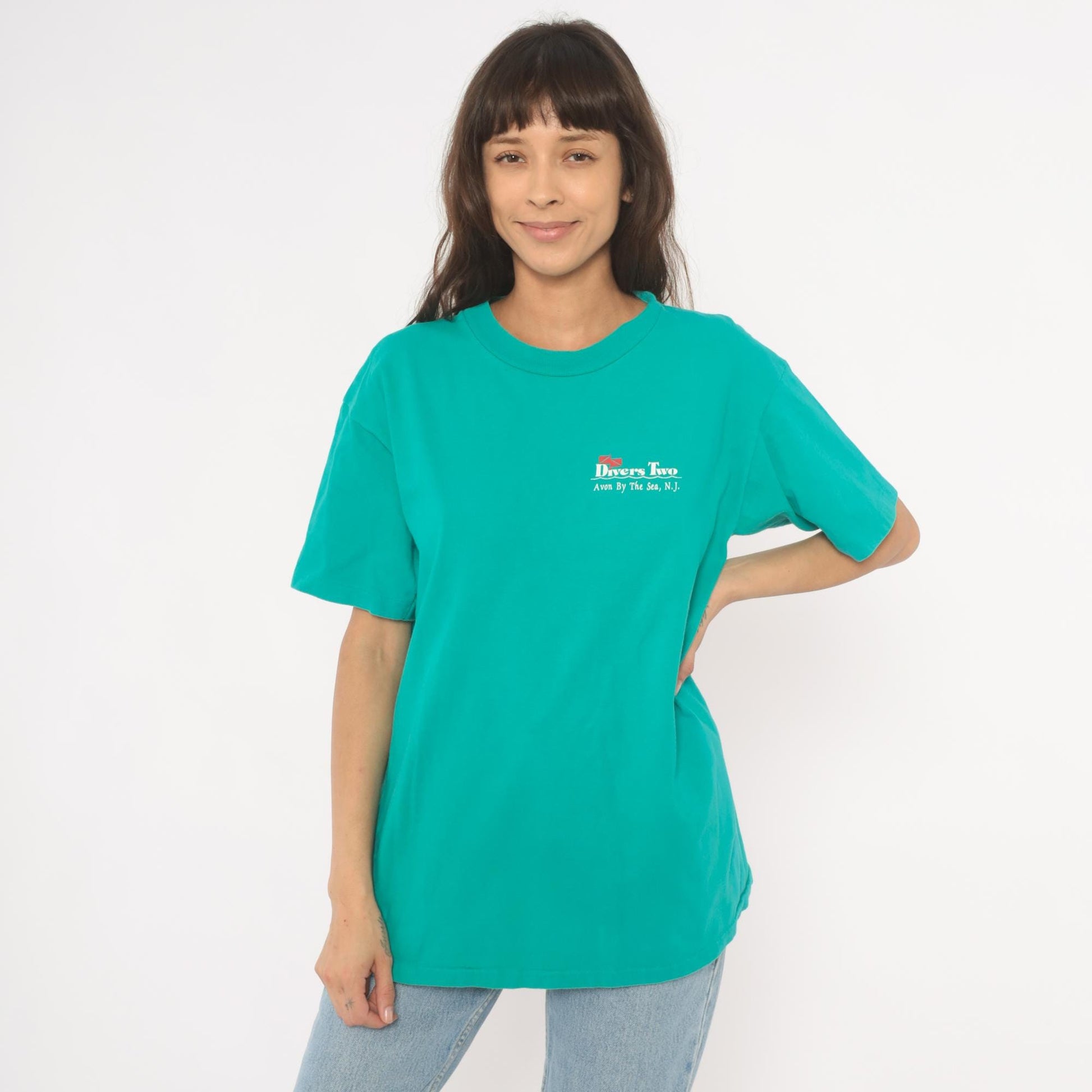90s Divers Two Scuba Graphic T-Shirt Teal New Jersey Cotton Extra Large XL