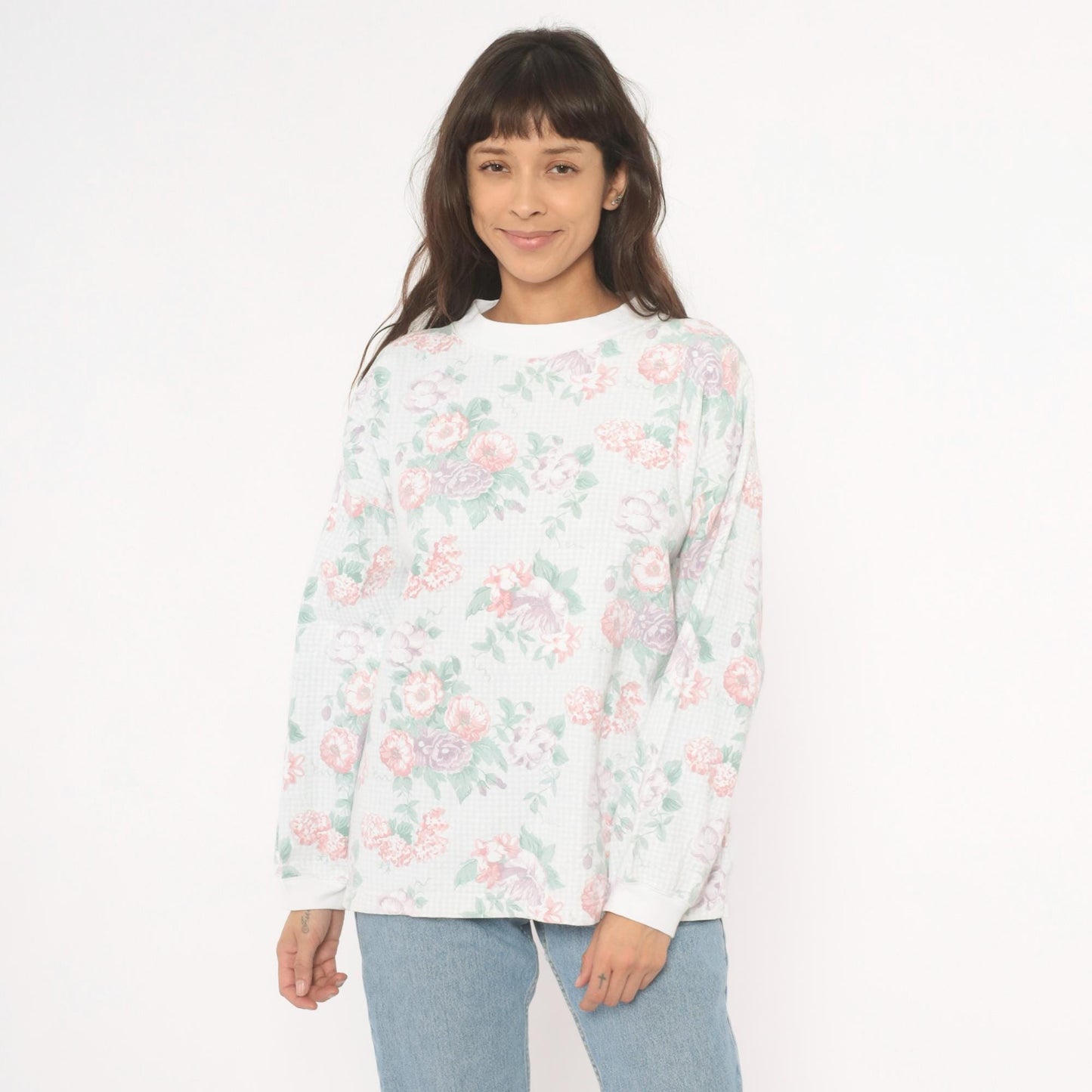 90s Floral Crewneck Sweatshirt Pink Lavender Rose Print White Medium
