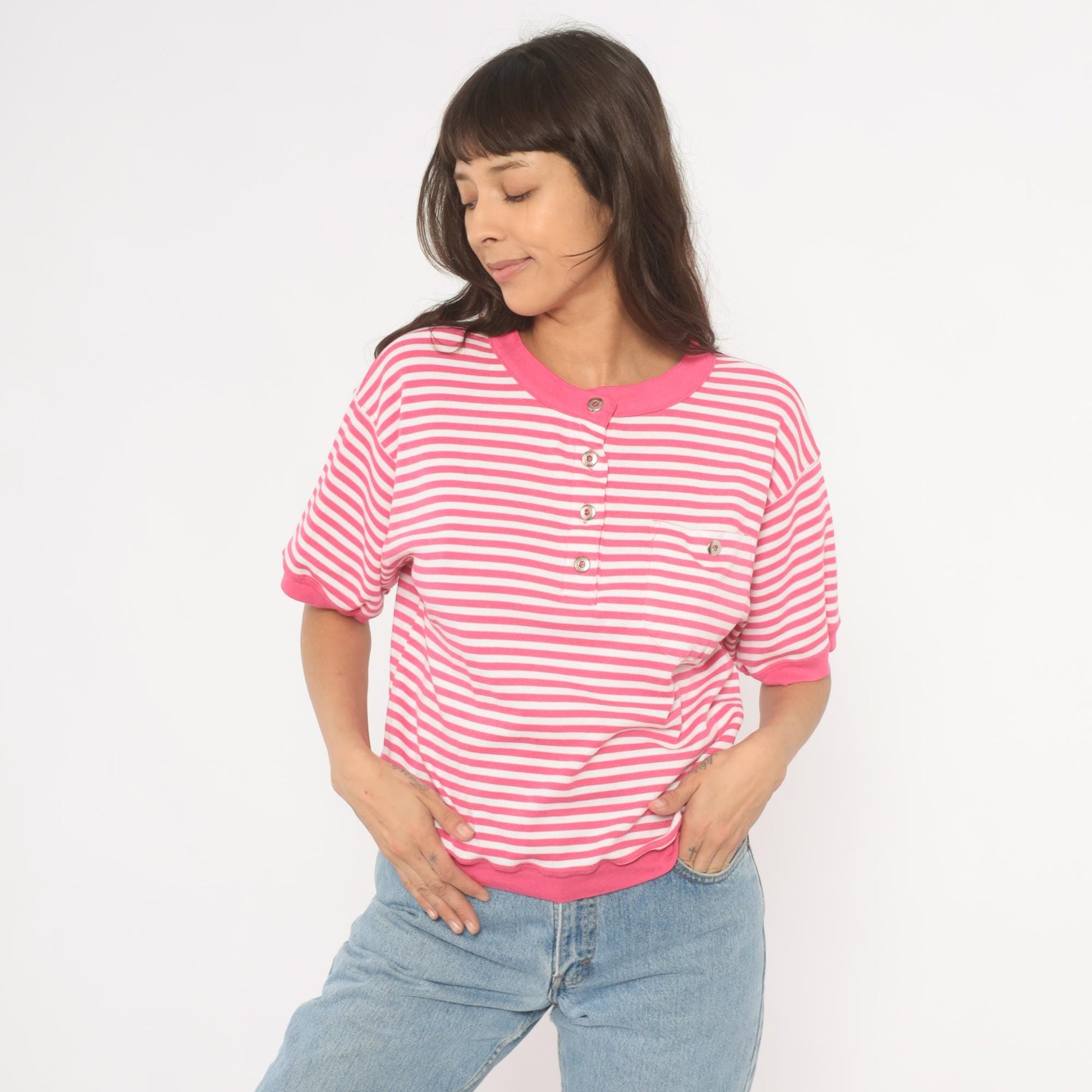 90s N Resource Pink Striped Henley Button Top Chest Pocket Medium