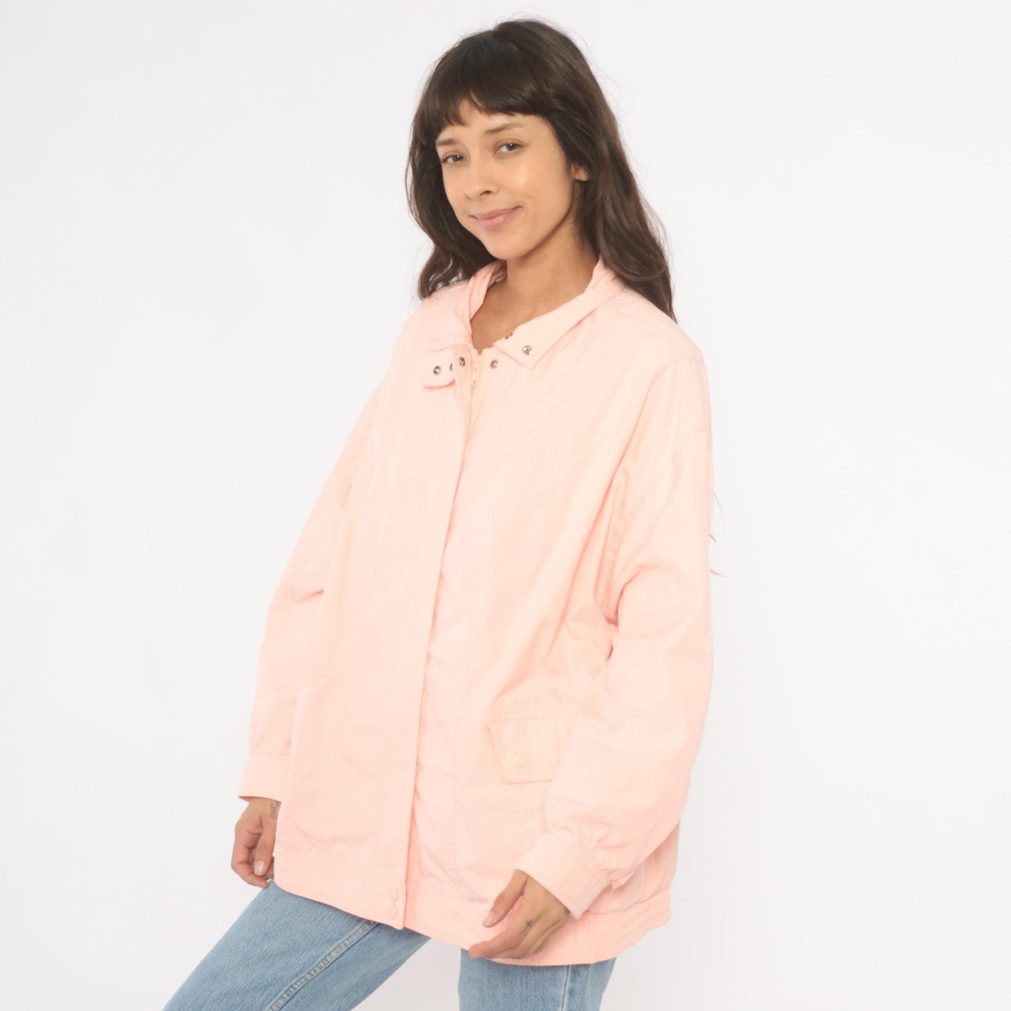 80s Aurora International Windbreaker Jacket Peach Snap Collar Zip Front Extra Large XXL