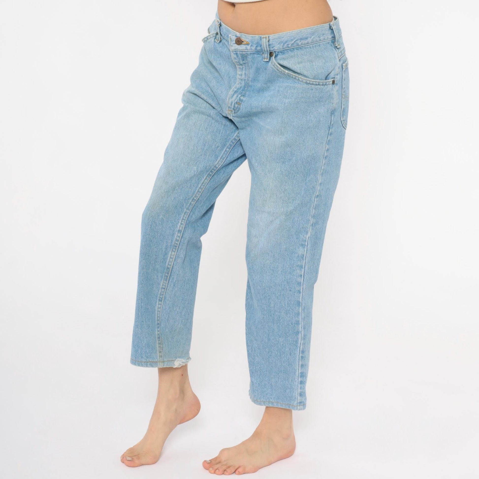 Y2K Light Wash Straight Leg Cropped Jeans Raw Hem Blue Cotton Large L