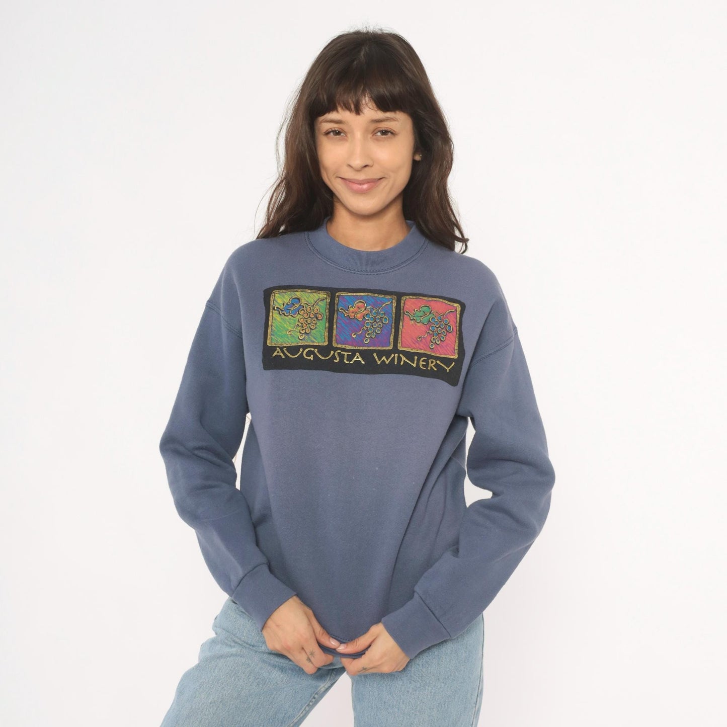 90s Fruit of the Loom Vineyard Crewneck Sweatshirt Slate Blue Graphic Small