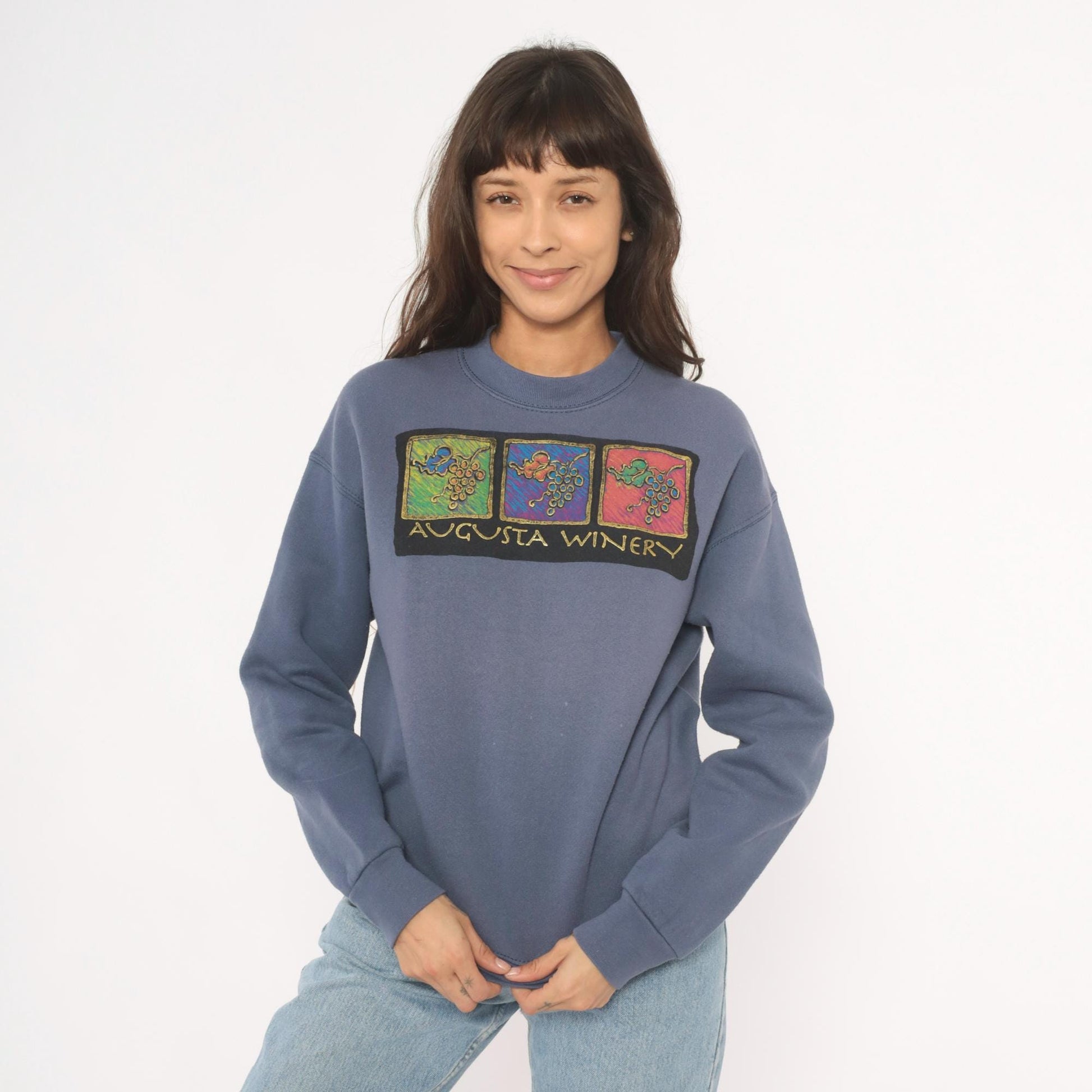 90s Fruit of the Loom Vineyard Crewneck Sweatshirt Slate Blue Graphic Small