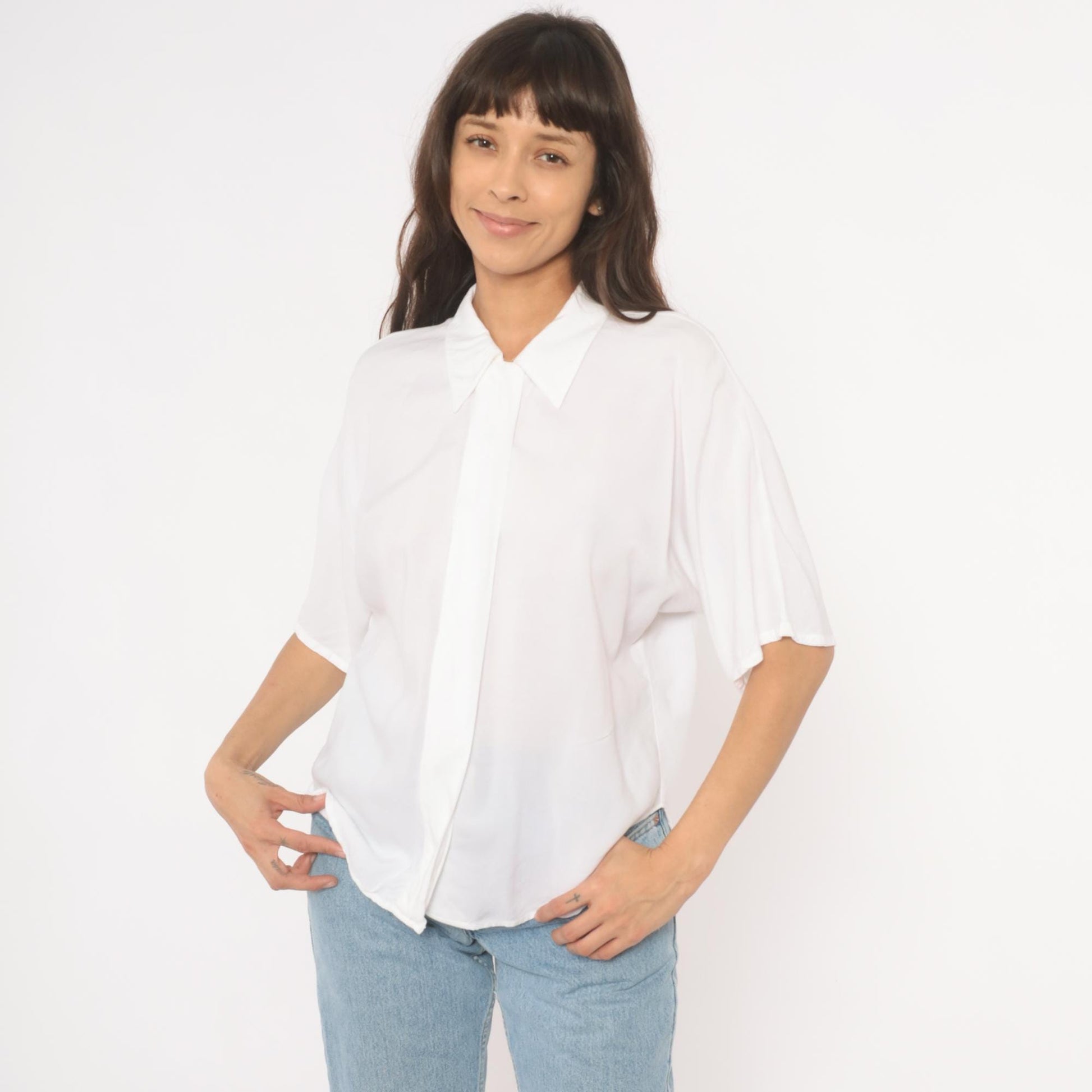 90s White Pointed Collar Blouse Hidden Placket Relaxed Fit Medium M