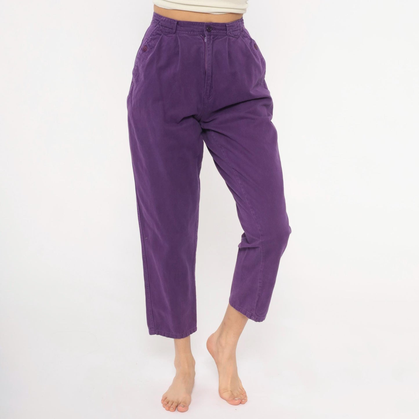90s Sierra Purple Pleated High-Waisted Trousers Cotton Tapered Ankle XS