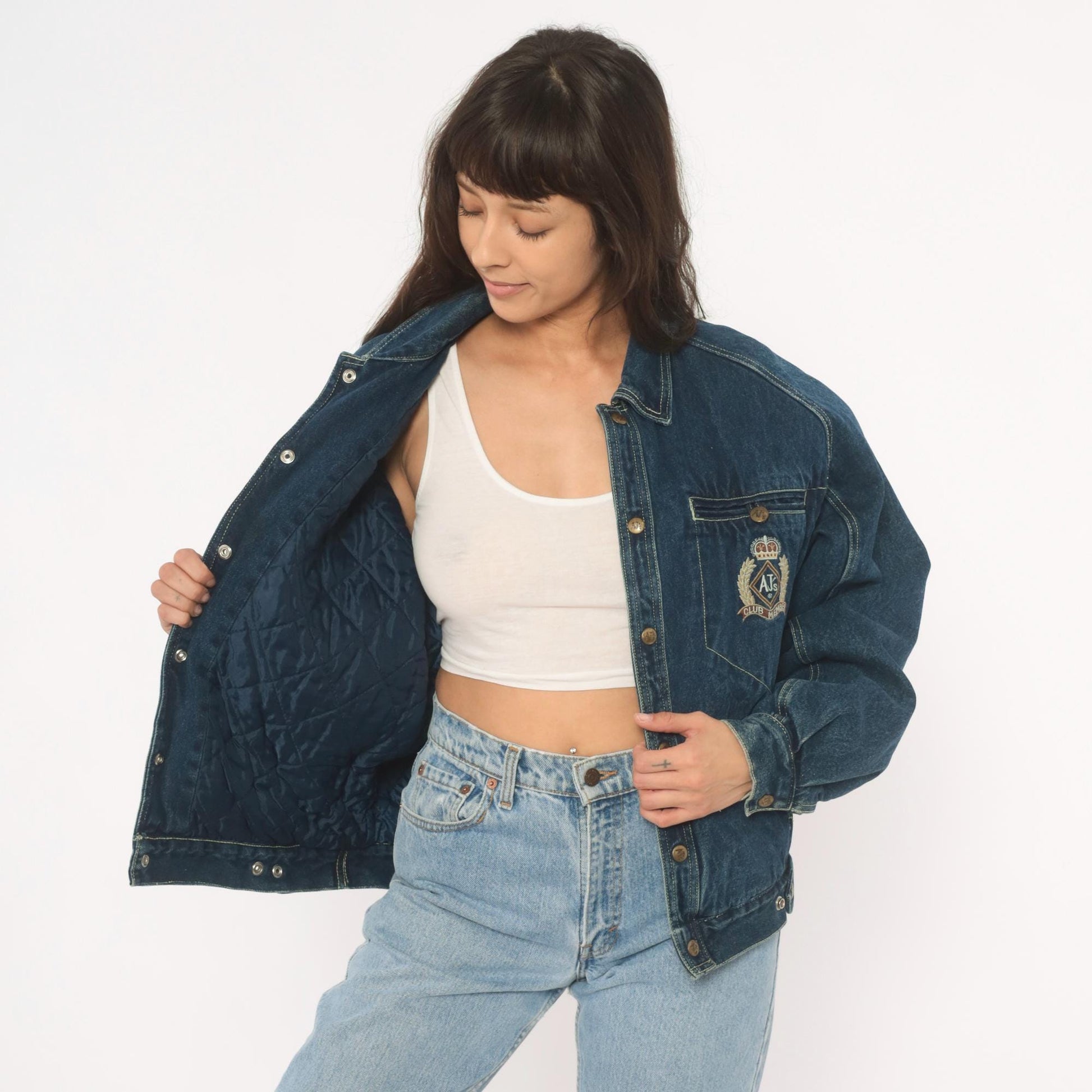 90s AJs Dark Wash Denim Bomber Jacket Embroidered Logo Small