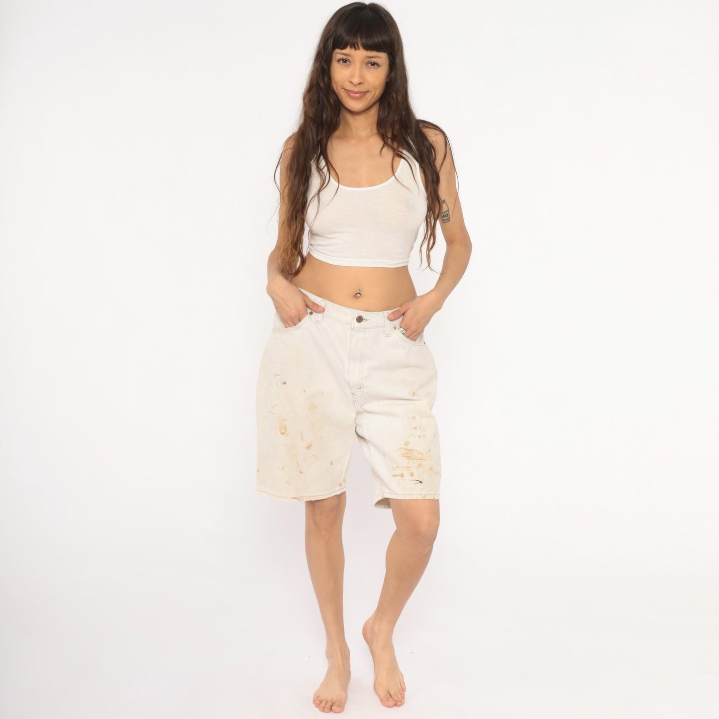 90s Levi's 550 Off-White Denim Shorts High Rise Distressed Cream Waist 36