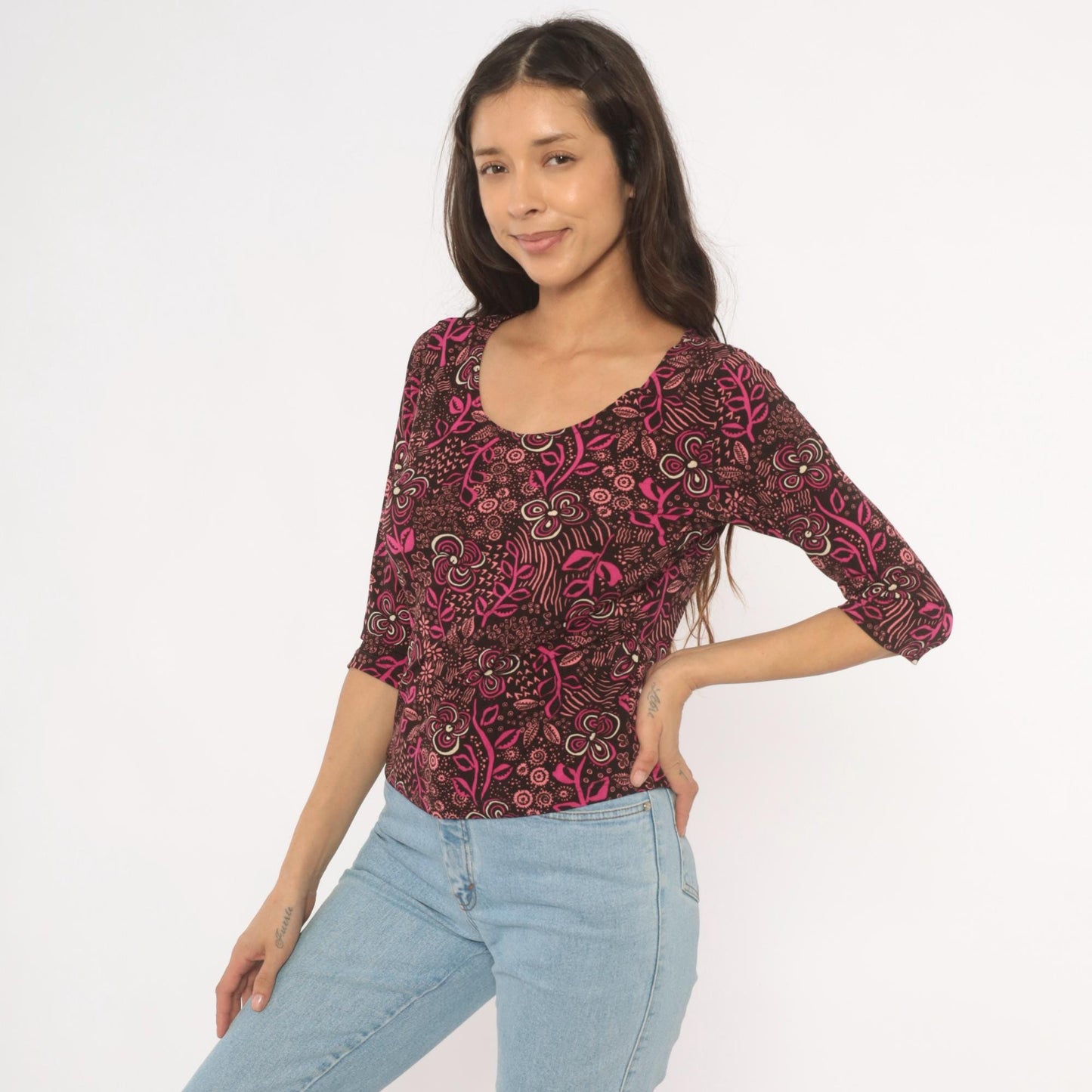 Y2K Only Nine Floral Botanical Blouse Brown Pink Three Quarter Sleeve Large L