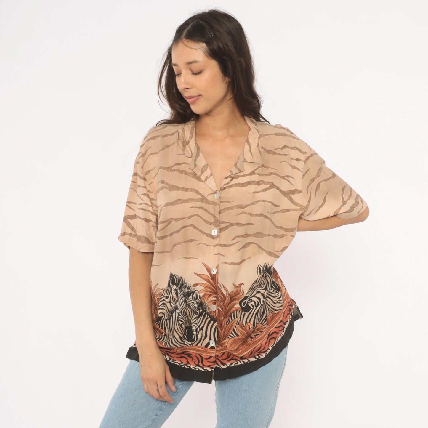 90s Teddi Zebra Safari Camp Collar Shirt Animal Print Tan Large L
