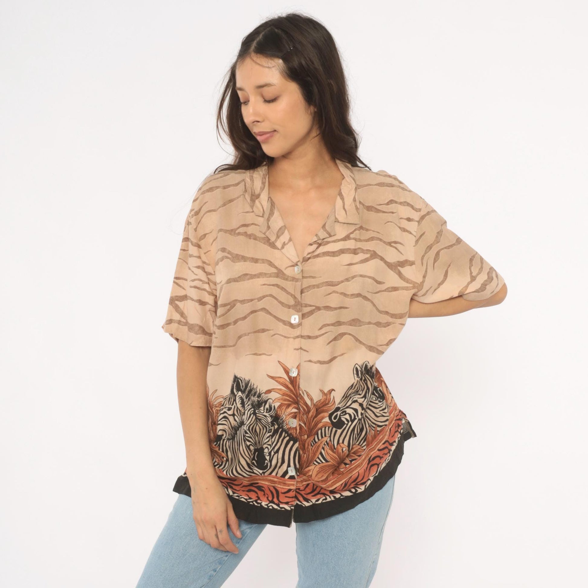 90s Teddi Zebra Safari Camp Collar Shirt Animal Print Tan Large L