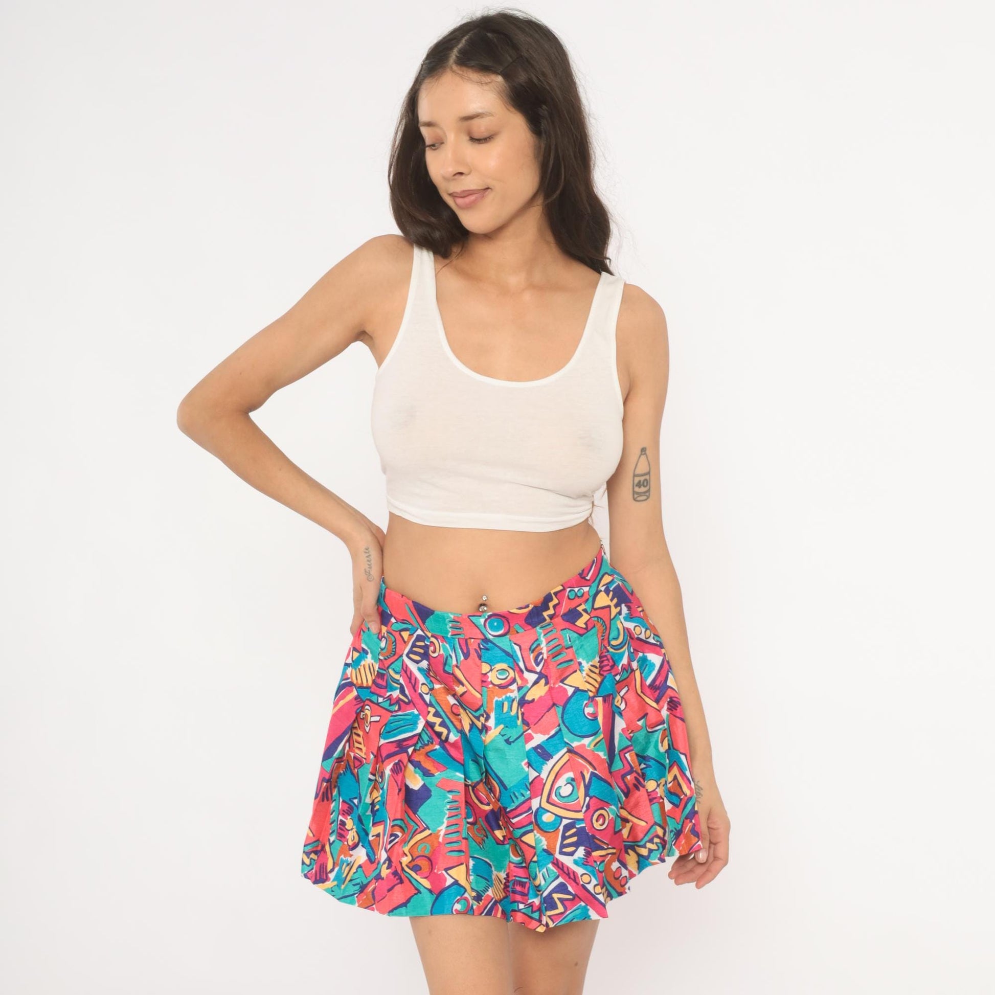 90s Lily's of Beverly Hills Pleated Mini Skirt Abstract Geometric Print Pink Teal Medium