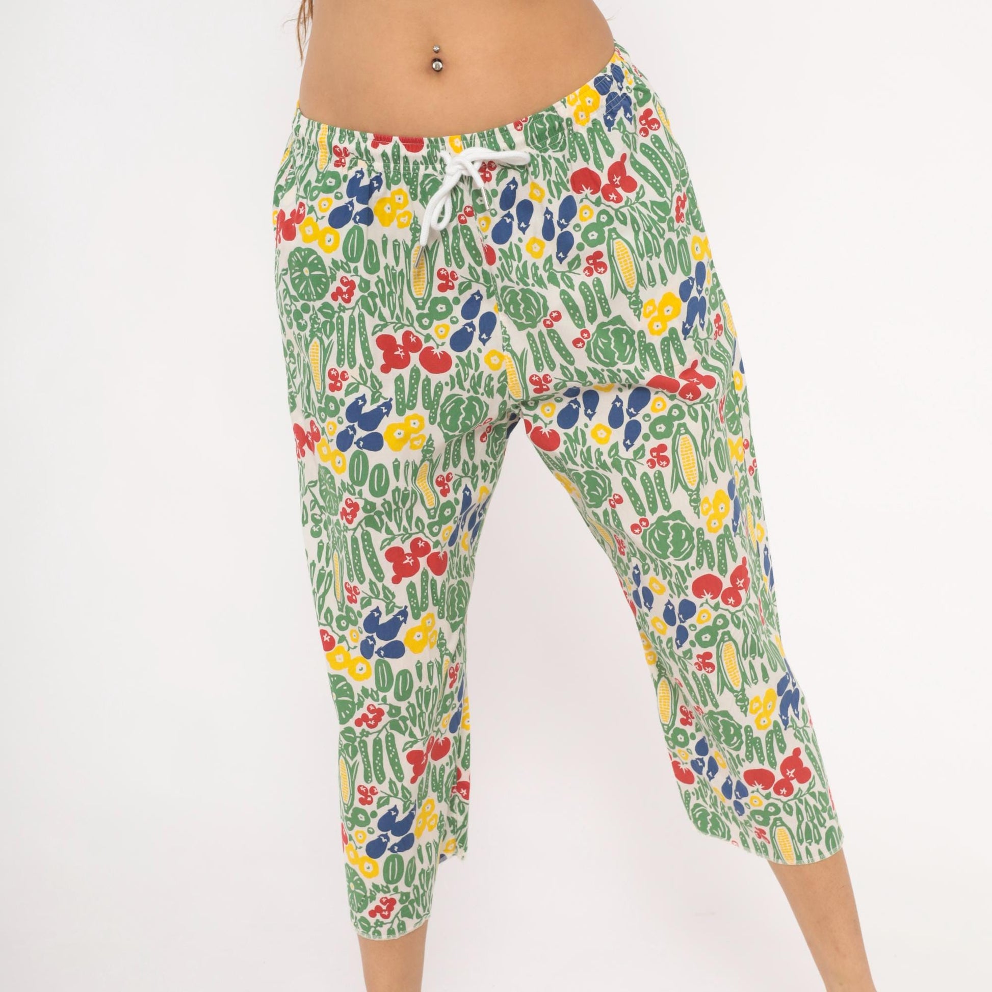 90s Vegetable Garden Print Culottes White Wide Leg Capri Cotton Medium M