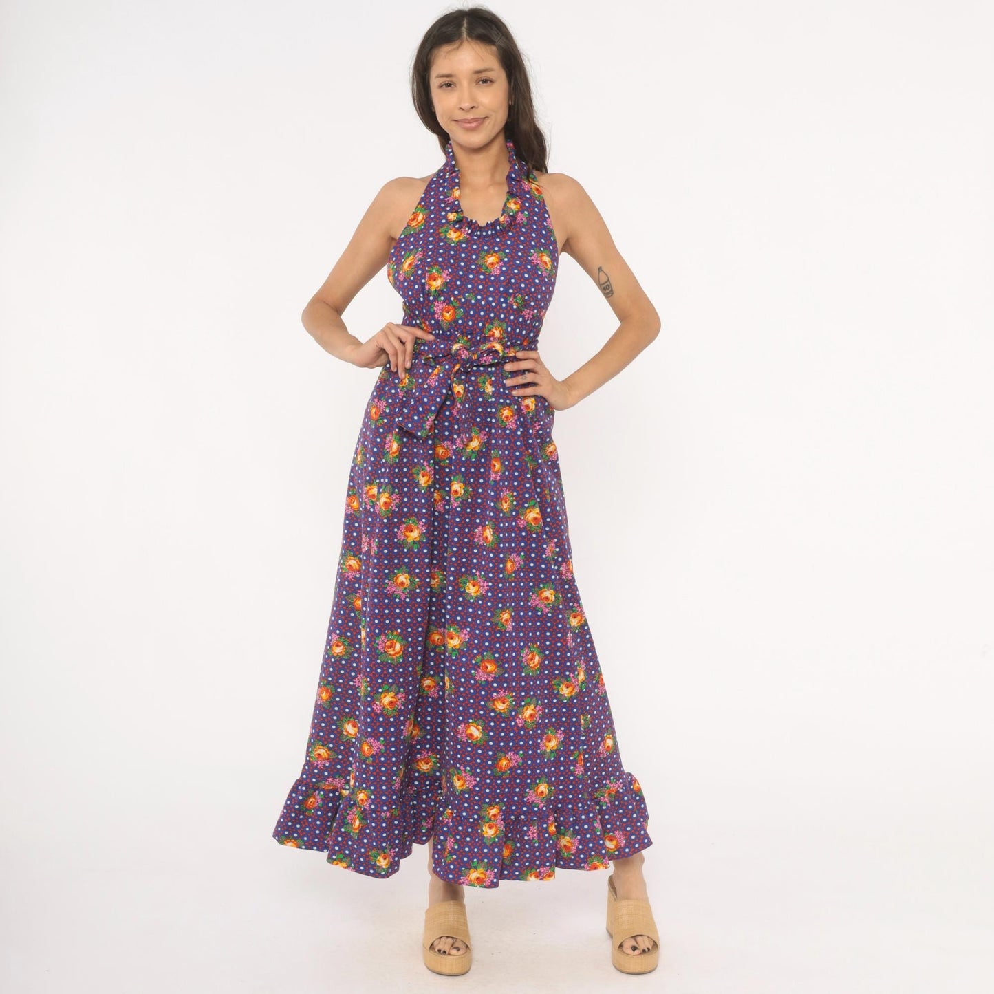 70s Floral Halter Dress Purple Polka Dot Tie Waist Open Back XS