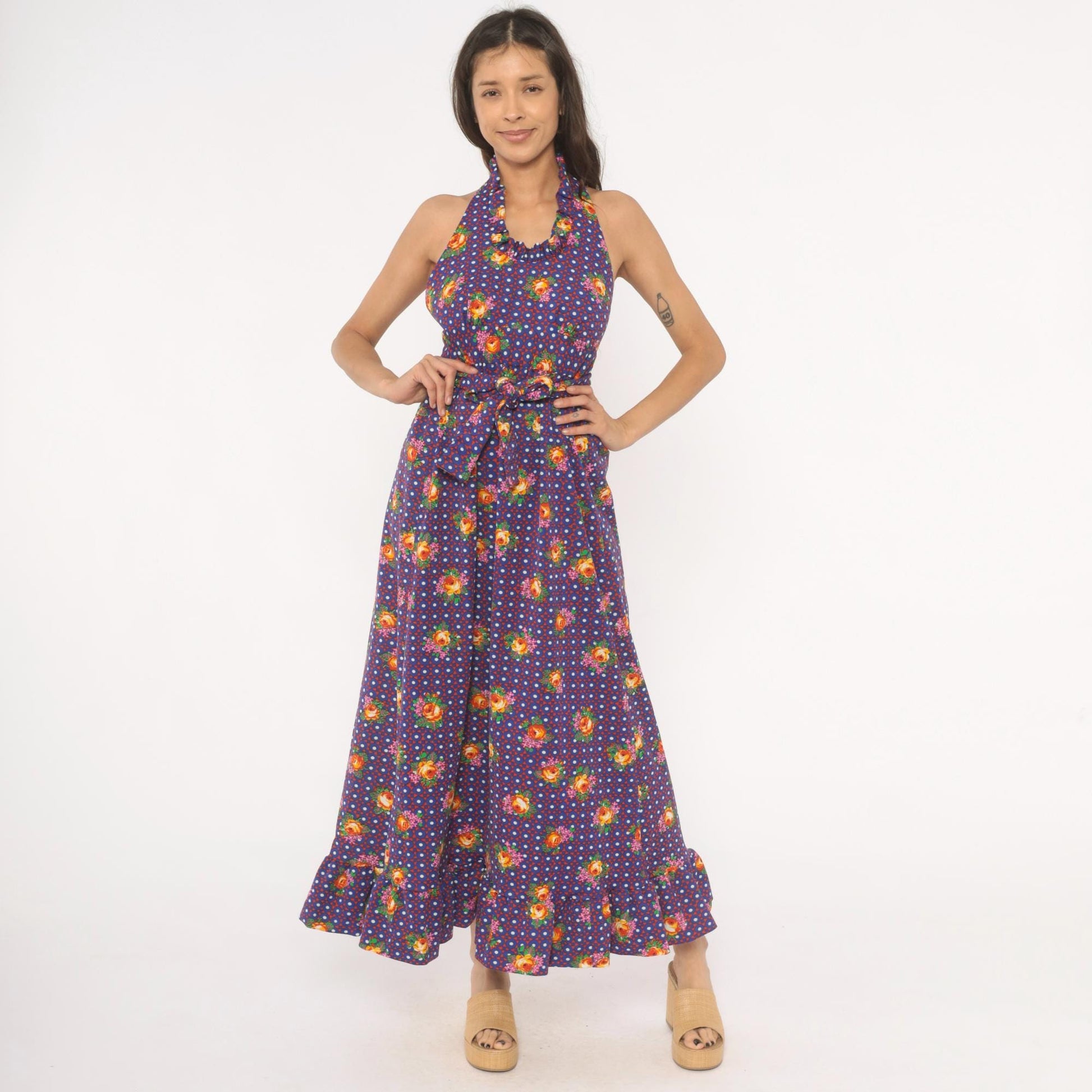 70s Floral Halter Dress Purple Polka Dot Tie Waist Open Back XS