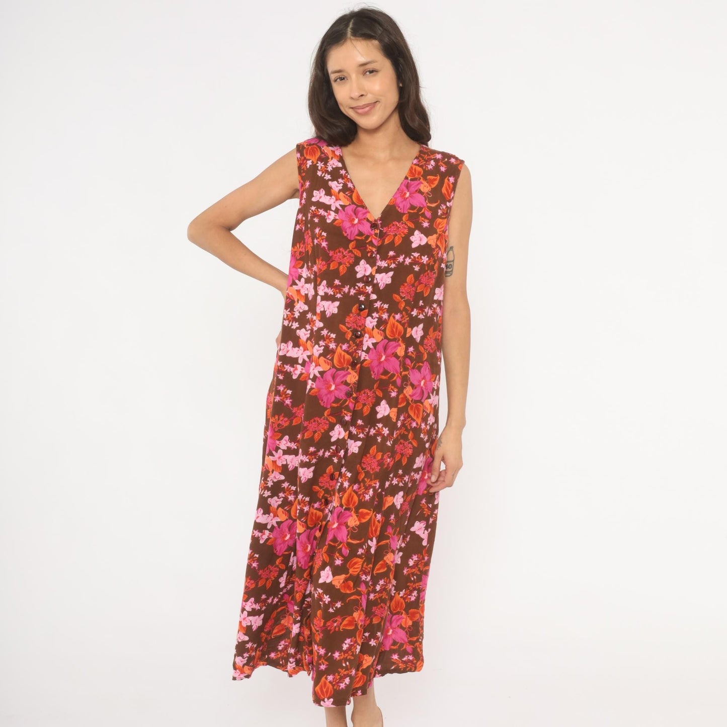 Y2K Roaman's Tropical Floral Midi Dress Brown Pink Orange Button Front Plus Size 14W