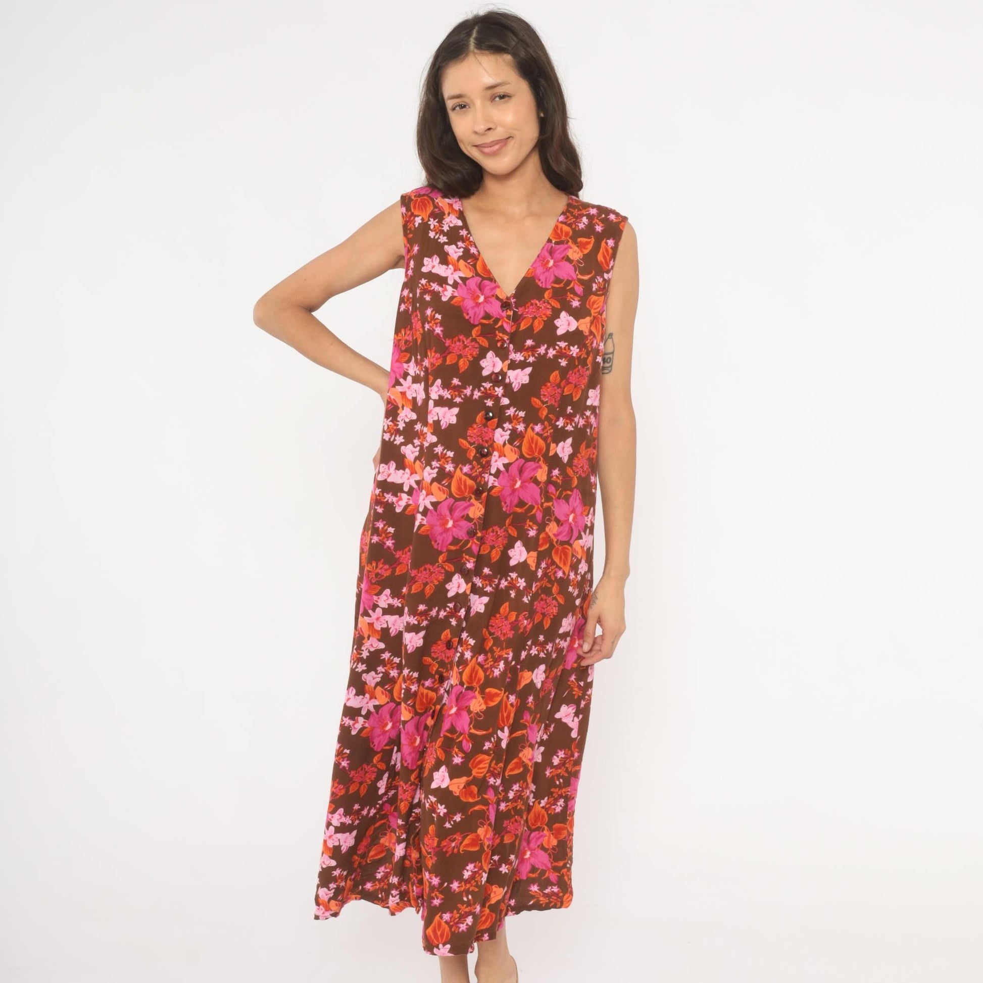 Y2K Roaman's Tropical Floral Midi Dress Brown Pink Orange Button Front Plus Size 14W